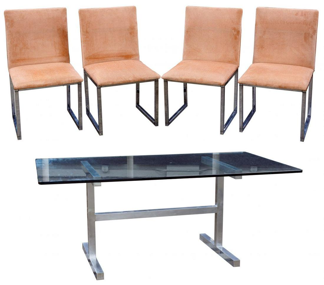 (Style of) Milo Baughman Table and Chairs: (Style of) Milo Baughman Table and Chairs Glass-topped table on square chrome legs, trestle stretcher; four square based chrome side chairs upholstered in melon color herringbone velvet Condition: Ver