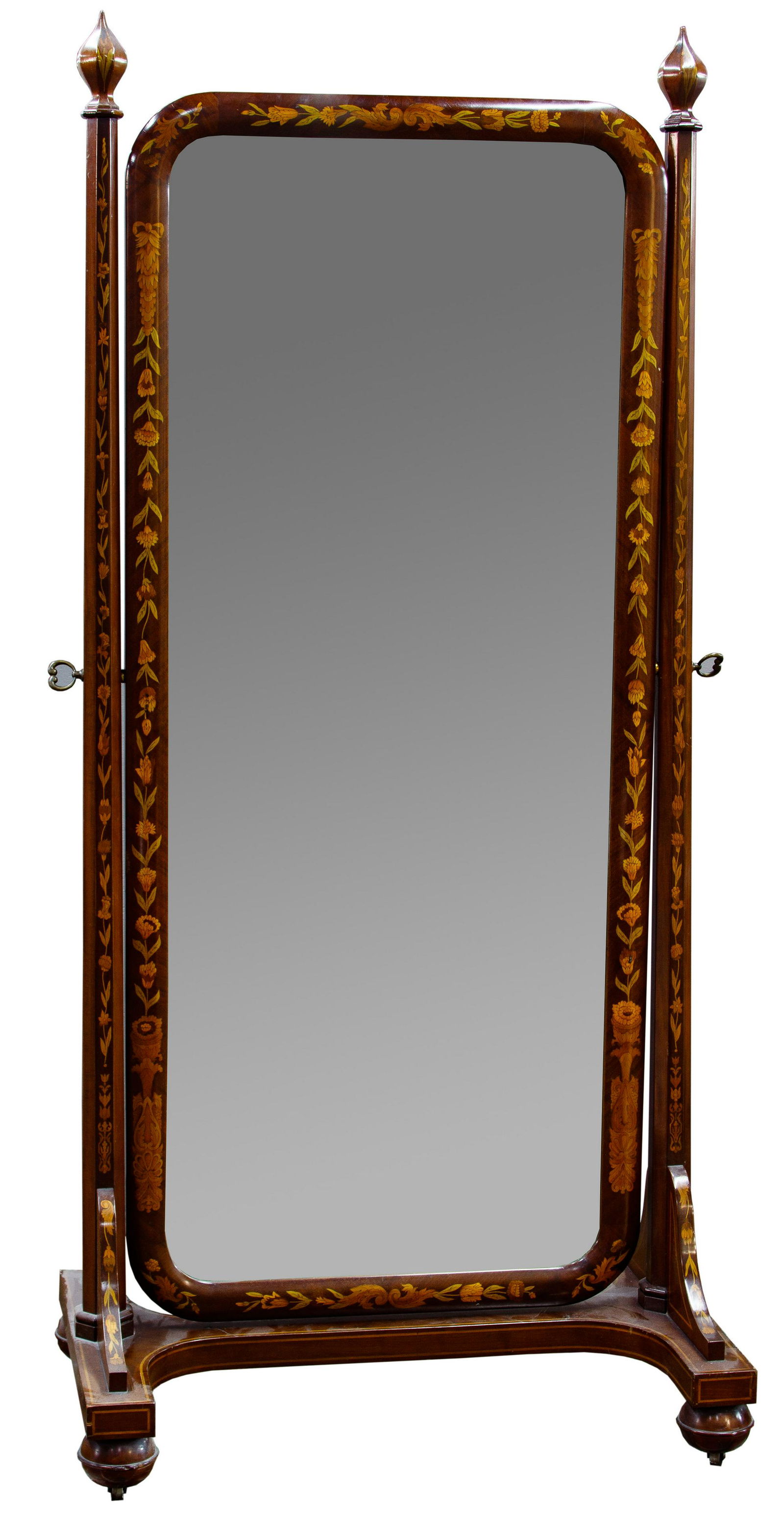 Asian Style Cheval Mirror: Asian Style Cheval Mirror Mahogany frame with Dutch style marquetry floral designs; full length beveled mirror on wheels, adjustable frame Condition: Very Good, overall very light wear consistent with