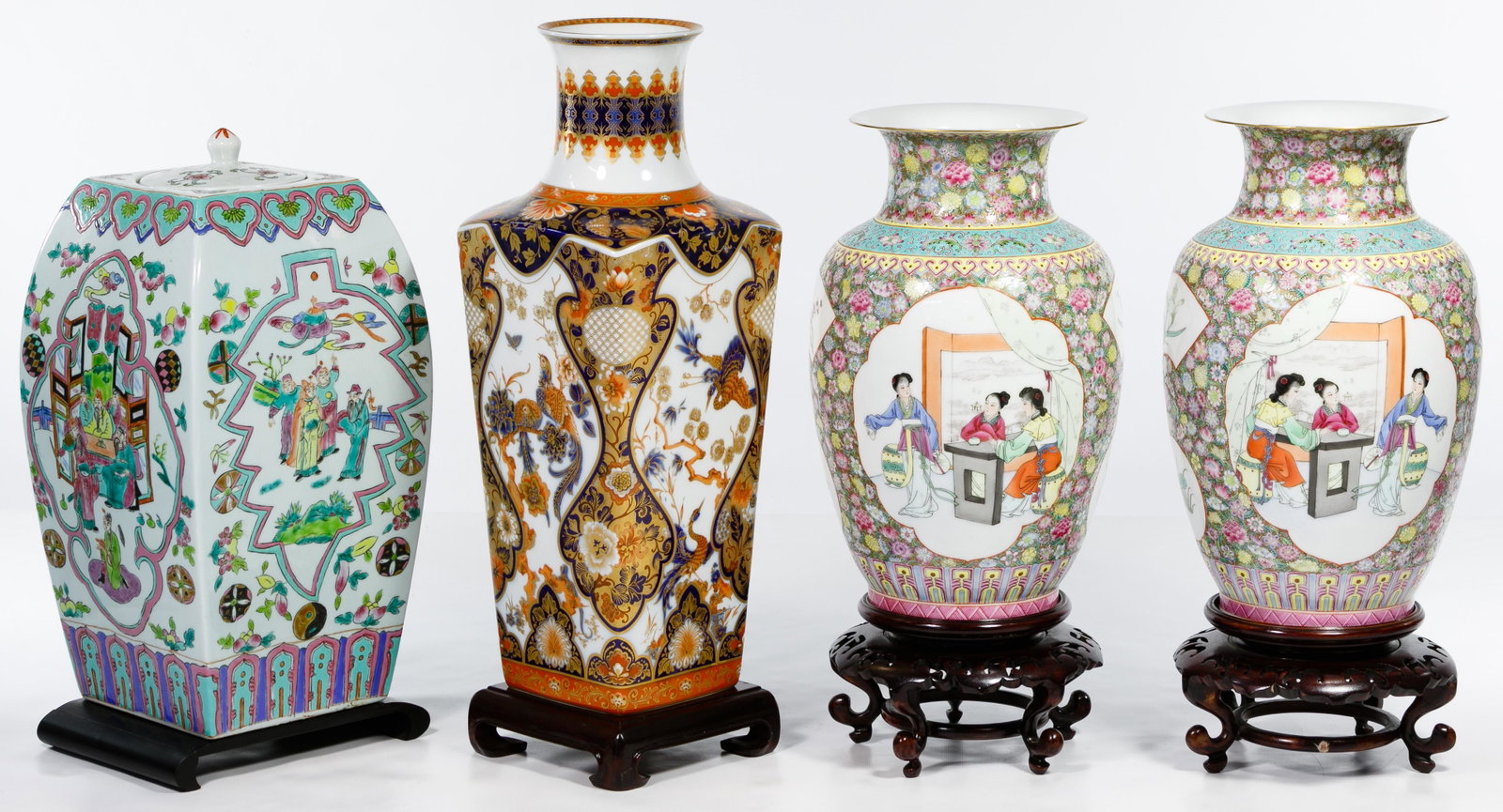 Asian Porcelain Assortment: Asian Porcelain Assortment Three items including a tall Famille Verte style lidded jar and a pair of Famille Rose style vases, all with wooden stands as well as an Imari style vase marked Kaiser, West