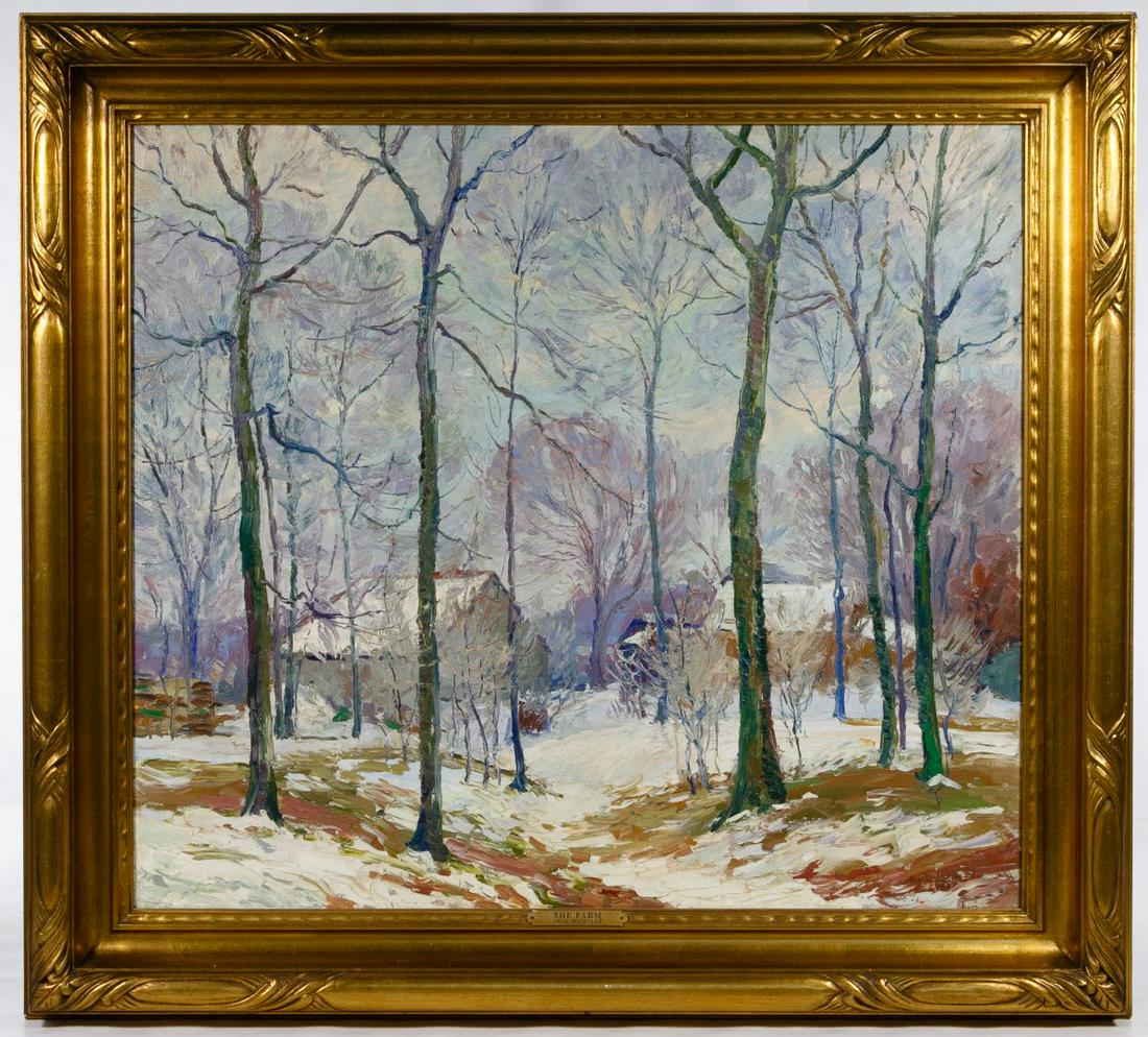 Arne Bodholdt (American, 1892-1966) 'The Farm' Oil on: Arne Bodholdt (American, 1892-1966) 'The Farm' Oil on Canvas 1926, signed lower right, Impressionist style image of farm buildings in the snow, in a wide gold frame with a brass nameplate Condition: V
