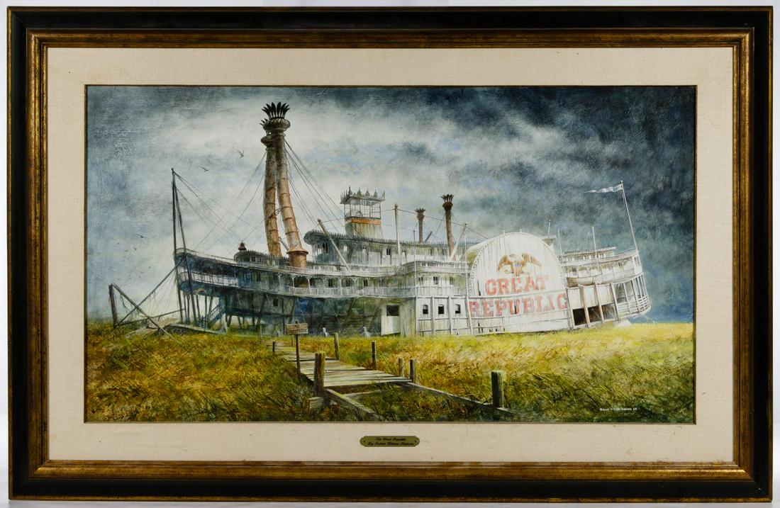 Robert Addison (American, 1924-1988) 'The Great: Robert Addison (American, 1924-1988) 'The Great Republic' Tempera on Board 1969, signed lower right, an image of an abandoned side-wheeler riverboat in the weeds; framed in black and gold with a linen