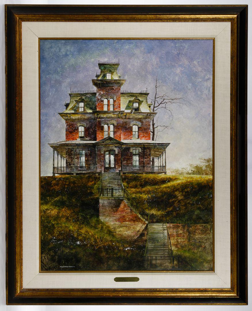 Robert Addison (American, 1924-1988) 'Victorian: Robert Addison (American, 1924-1988) 'Victorian Sentinel' Tempera on Board 1970, signed lower left, image of a large turreted mansion, abandoned on a hill, framed in black and gold with a linen liner,