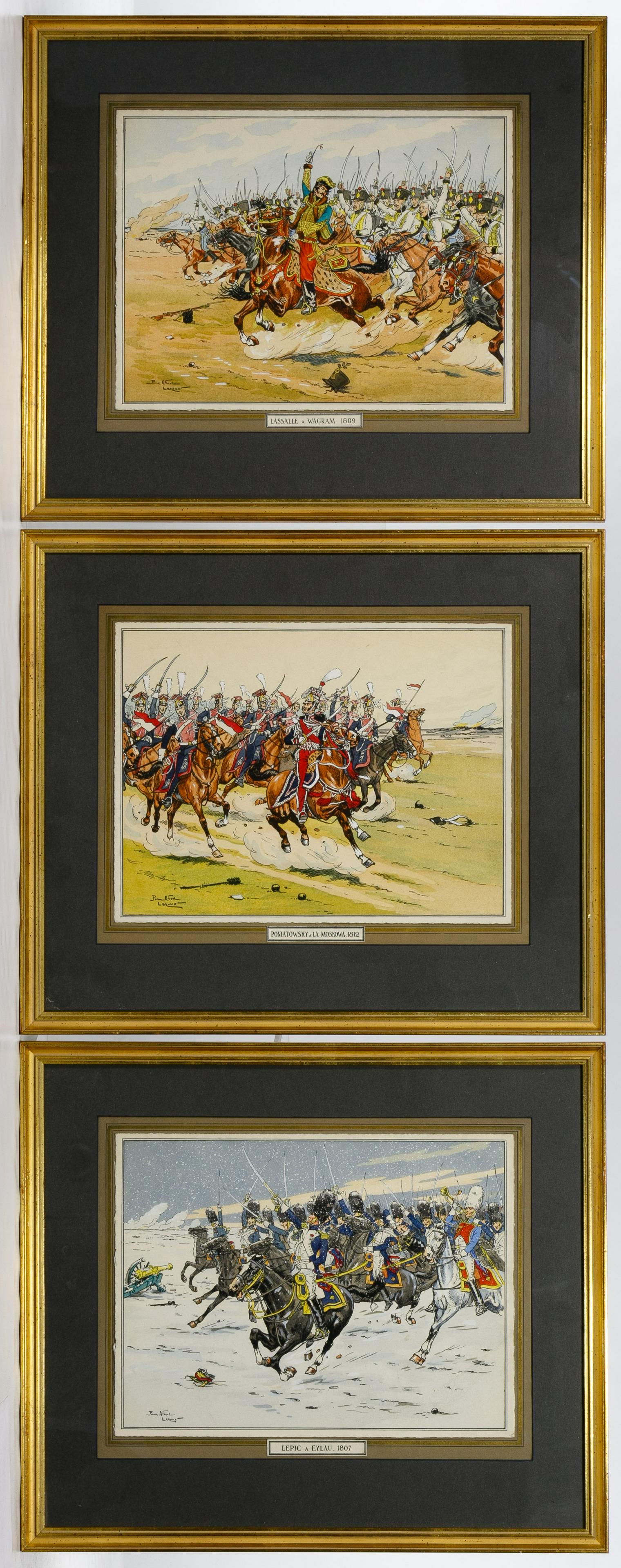 Pierre Albert Leroux (French, 1890-1959) Watercolors on: Pierre Albert Leroux (French, 1890-1959) Watercolors on Paper All signed lower left, three items including 'Lepic a Eylau 1807', Poniatowsky a la Moskowa 1812' and 'Las Salle a Wagram 1807' Condition: