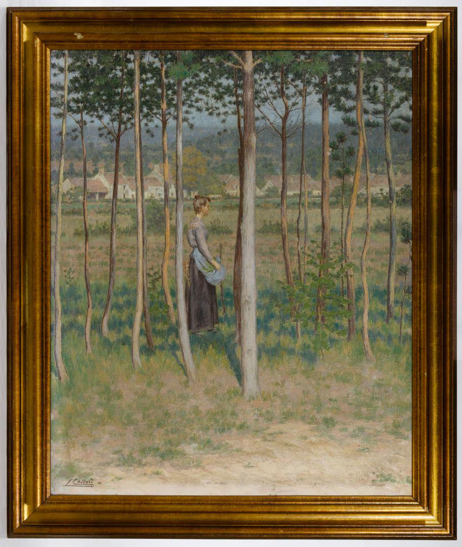Pierre Leon Cassard (French, 19th Century) Oil on: Pierre Leon Cassard (French, 19th Century) Oil on Canvas 1901, signed and dated lower left, depicting a woman gathering twigs in the woods Condition: Good, craquelure overall, no other damage noted to