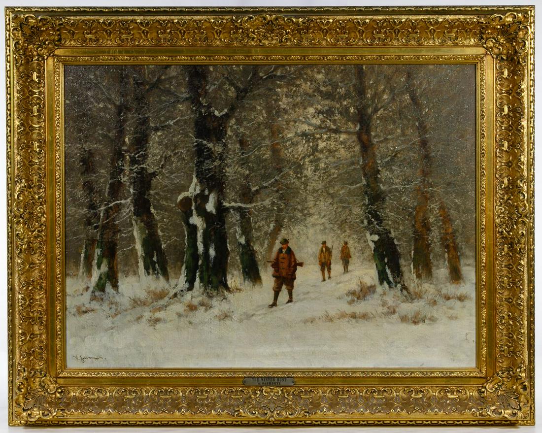 V. Sashegyi (Hungarian, 1886-1940) Oil on Canvas: V. Sashegyi (Hungarian, 1886-1940) Oil on Canvas Undated, signed lower left, depicting a winter scene of hunters in the woods, rococo style frame Condition: Very Good, no damage noted, light dirt accu