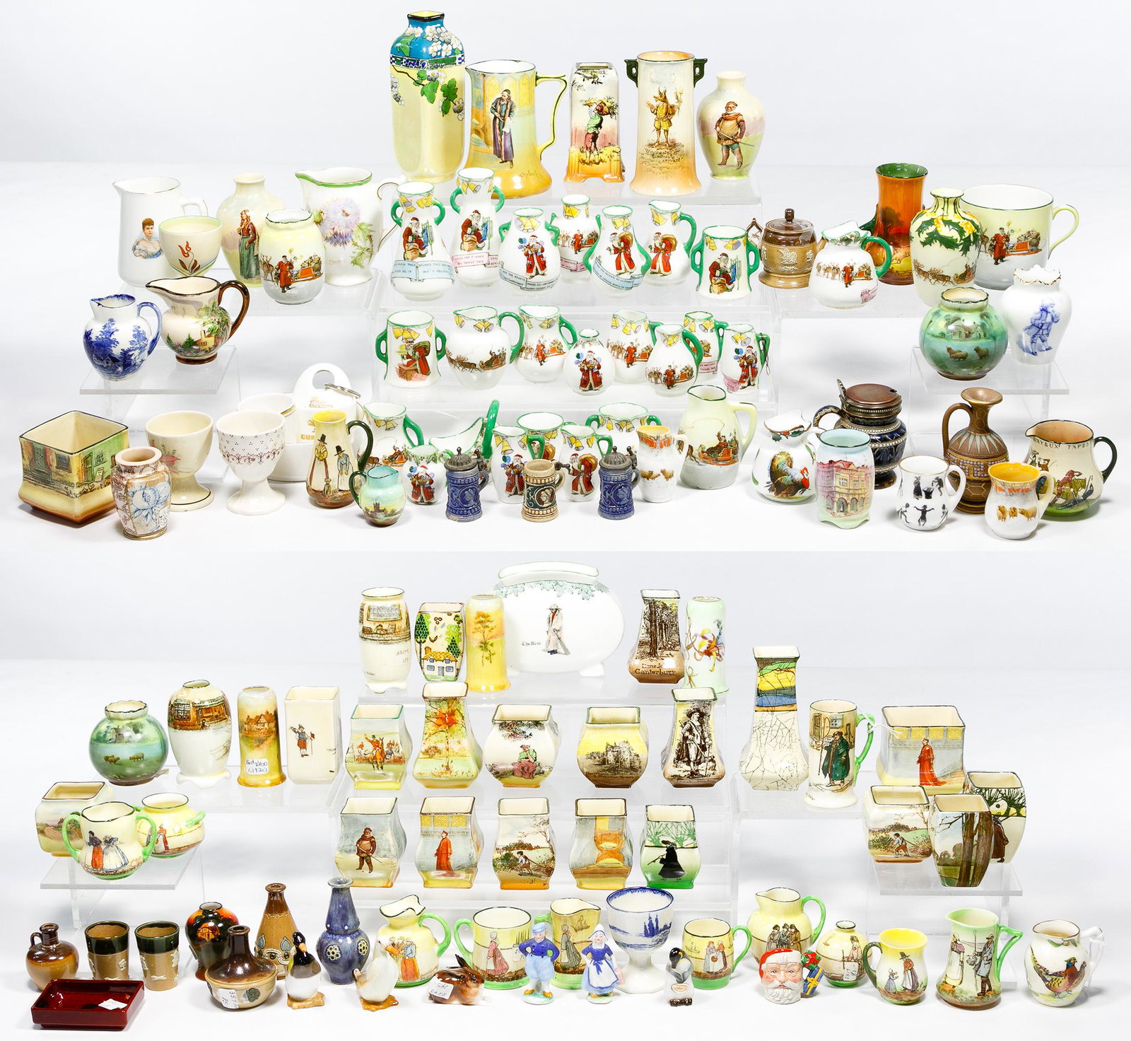 Porcelain and Ceramic Object Assortment: Porcelain and Ceramic Object Assortment Including miniature vases, pitchers, egg cups, cups, mugs Condition: Very Good to Good, use consistent with age and use, some chips, cracks, fading paint, scrat