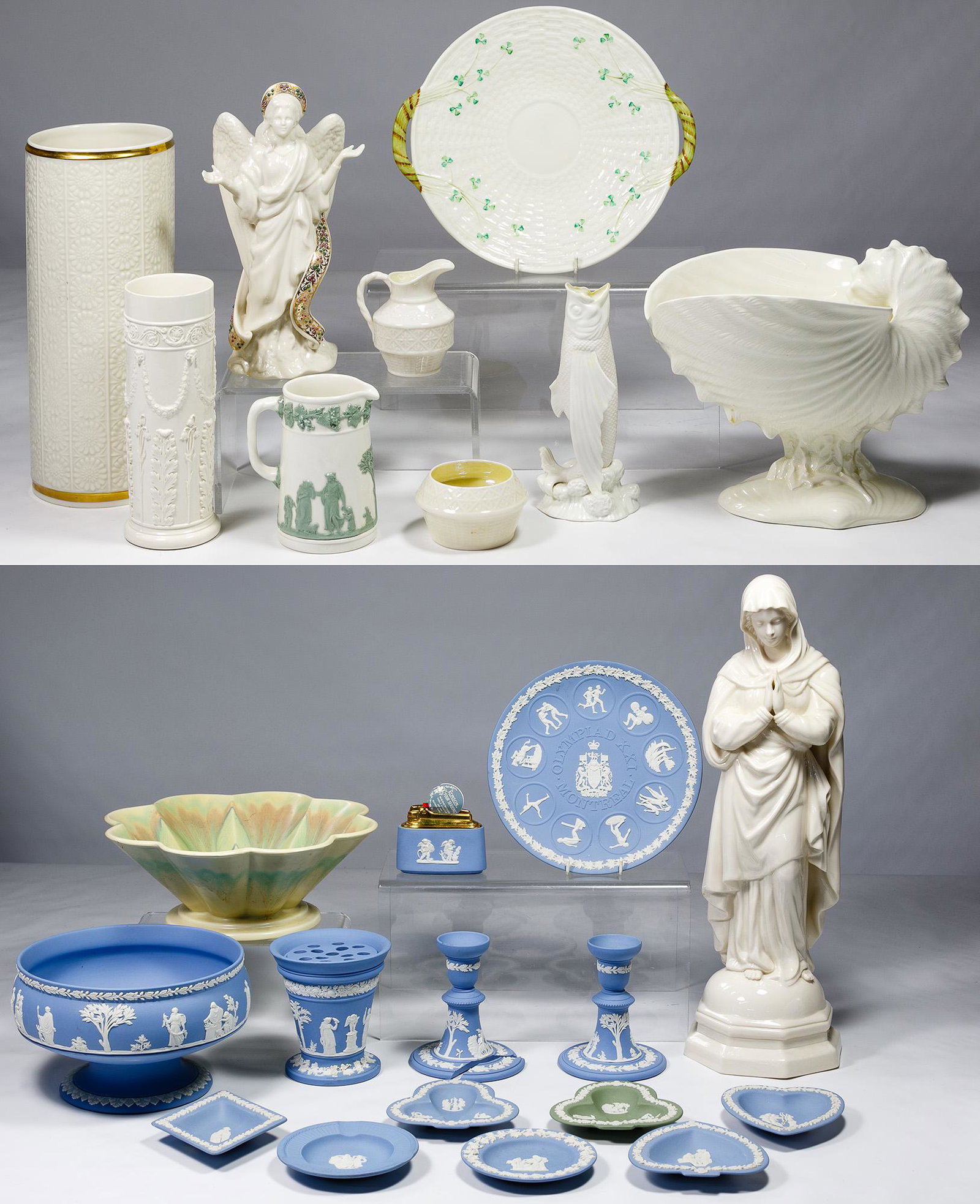 Wedgwood, Lenox and Belleek Assortment: Wedgwood, Lenox and Belleek Assortment Twenty-two pieces including examples of Belleek figures and dishes, Lenox figurine and vases, Wedgwood candlesticks, lighter, bowl and ash trays Condition: Very 