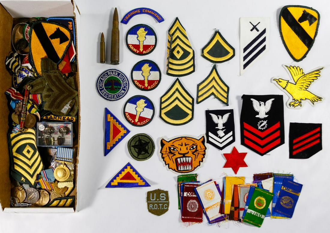 Military Medal and Patch Assortment: Military Medal and Patch Assortment Medals including United Nations, The Great War- France, WWII, Korea, 3.5 Asiatic Pacific Campaign, Korean Service, Good Conduct, Mexican Service 1911-1917, VFW; tog