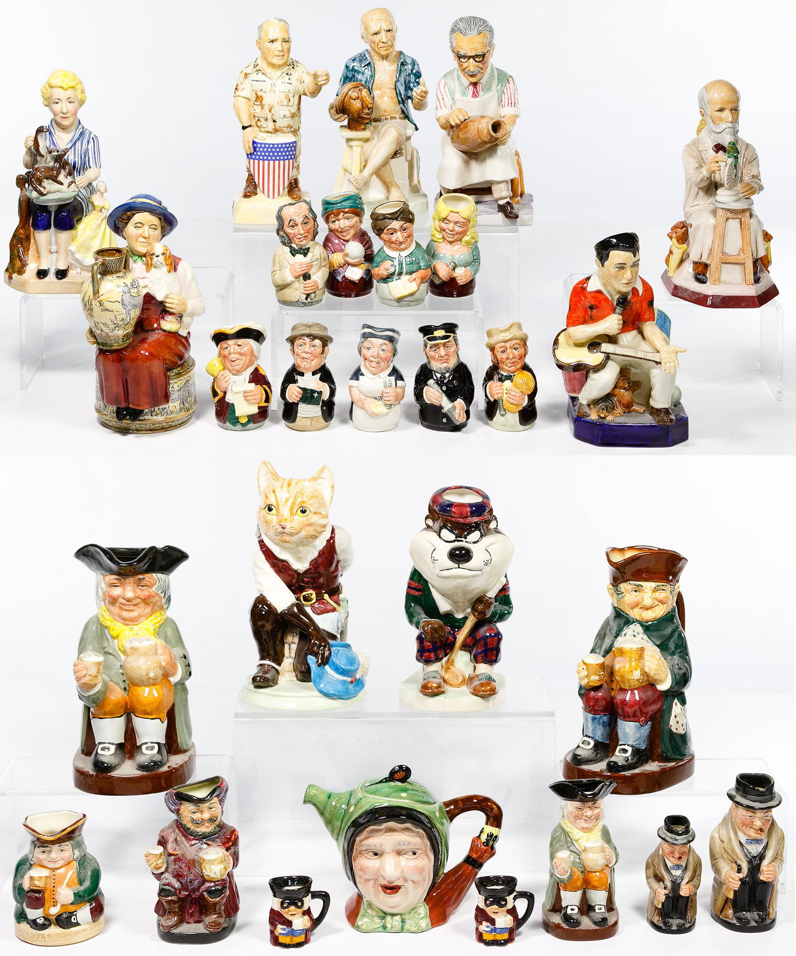 Royal Doulton Toby Mug Assortment: Royal Doulton Toby Mug Assortment Twenty-eight items including Kevin Francis items including an Elvis Presley vessel marked 'KF Kevin Francis Ceramics Property of Kevin Francis Not For Resale', a 'Pus