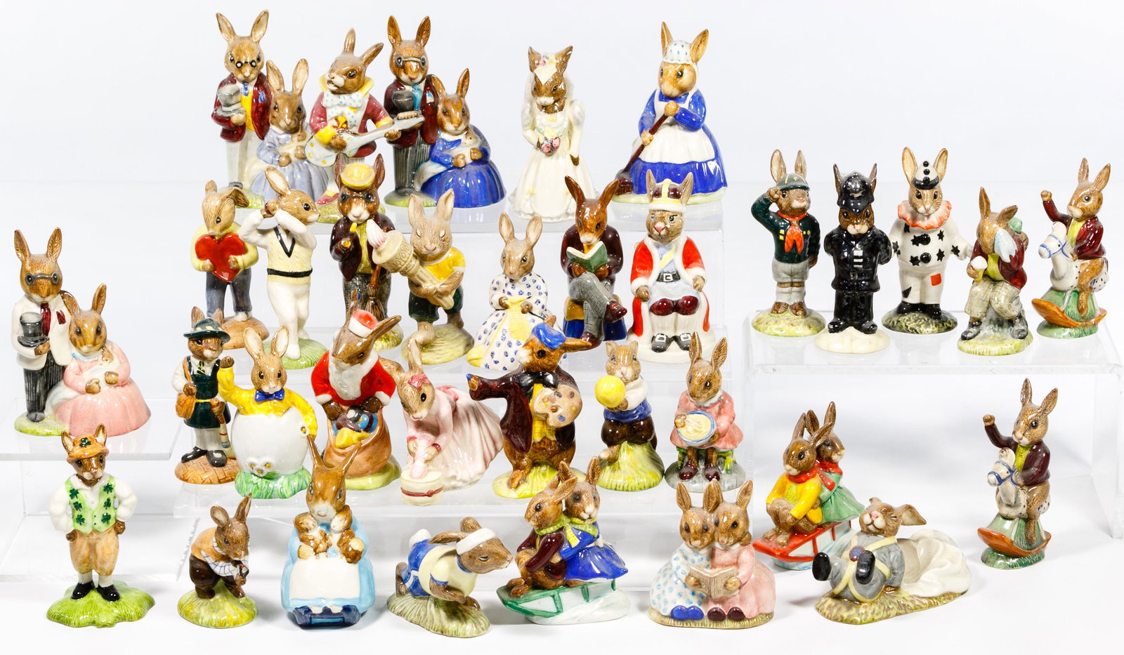 Royal Doulton Bunnykins Figurine Assortment: Royal Doulton Bunnykins Figurine Assortment Thirty-items including thirty-three Royal Doulton #5 'Santa', #68 'Hairy', #97 'Blue', #97 'Mr. Bunnybeat', #36 'Bowler', #70 Irishman', #85 'Autumn Days', 