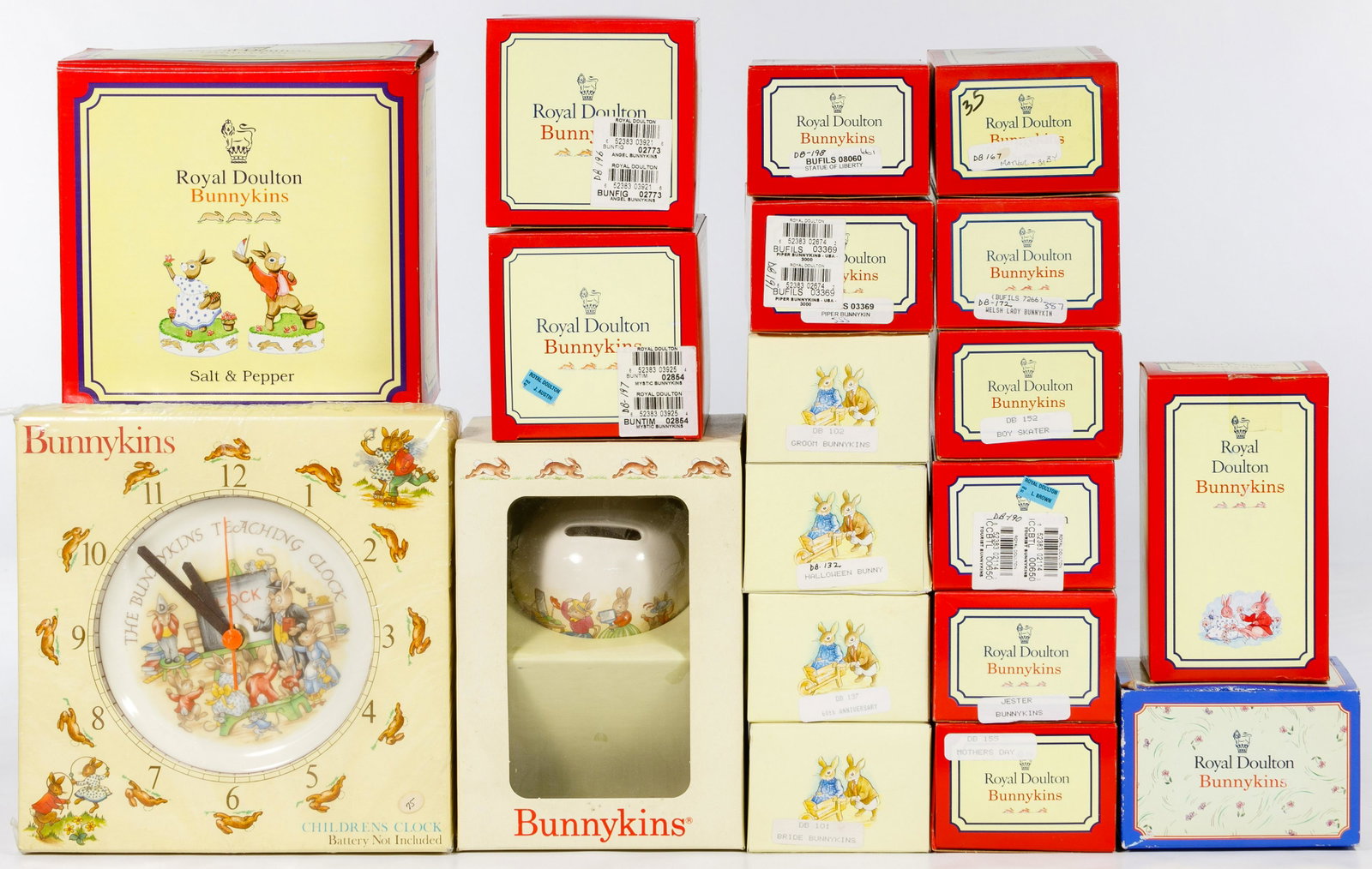 Royal Doulton Bunnykins Figurine Assortment: Royal Doulton Bunnykins Figurine Assortment Nineteen items including examples of #DBR1 'Harry - At Play', #02854 'Mystic', #08060 'Statue of Liberty', #03369 'Piper', #00650 'Tourist', #DB152 'Boy Ska