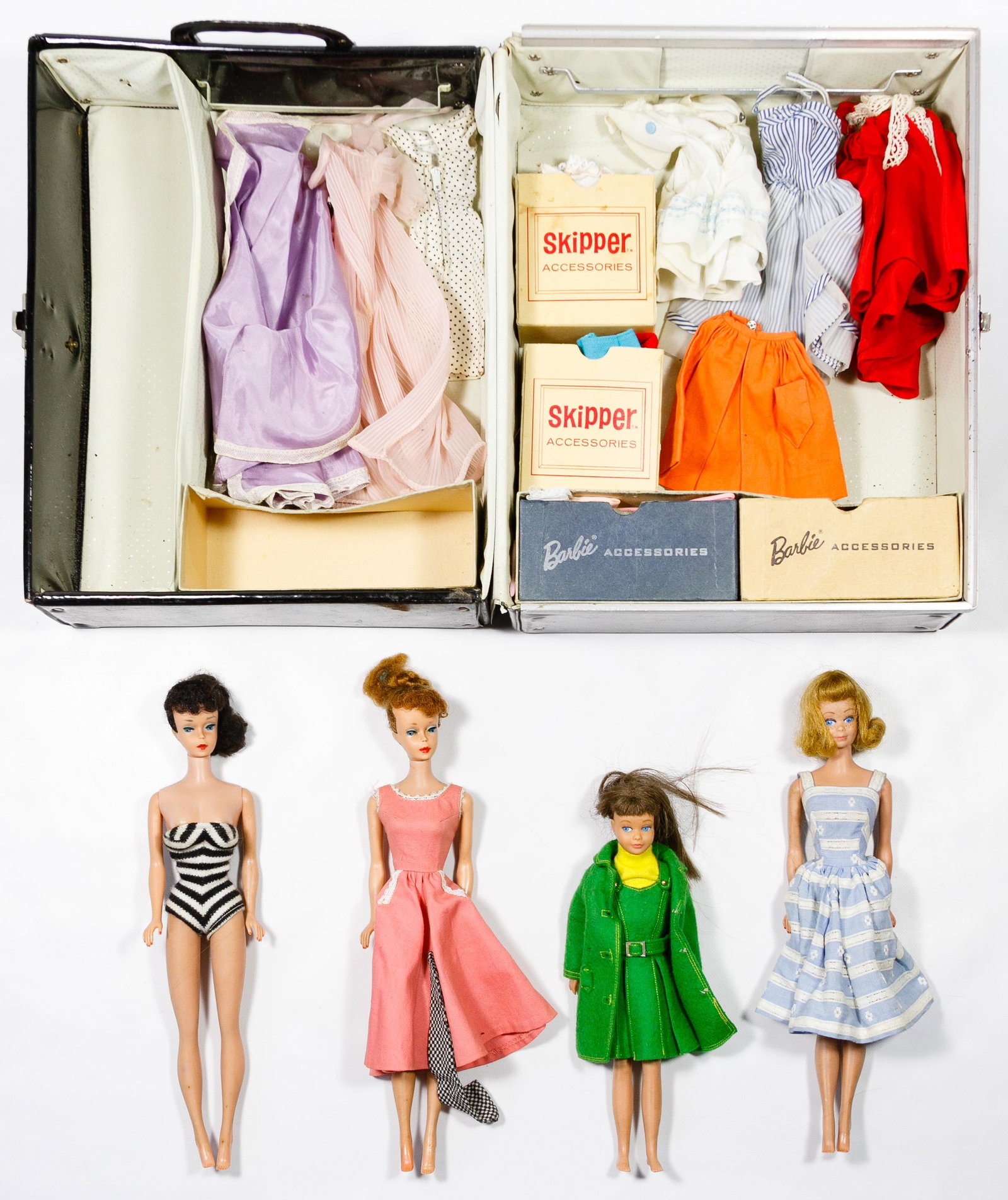 Mattel Barbie Doll, Clothing and Case Assortment: Mattel Barbie Doll, Clothing and Case Assortment Brunette (No. 3) ponytail barbie, blue eyes with blue eyeliner, brown eyebrows, curly bangs in swimsuit, red ponytail barbie, blue eyes with blue eyeli