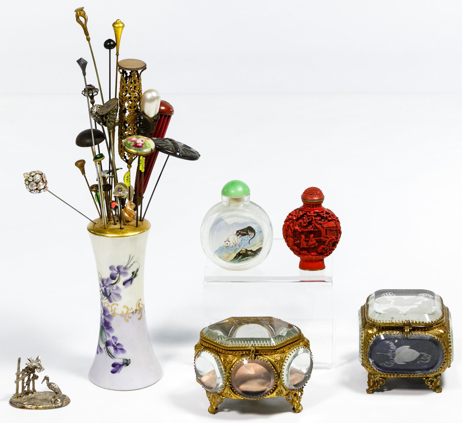 Hatpin, Perfume, Trinket Box and Sterling Silver: Hatpin, Perfume, Trinket Box and Sterling Silver Miniature Assortment Including twenty-three hat pins of various stone, metals and pearls with holder, a miniature marked '800', two small perfume bottl