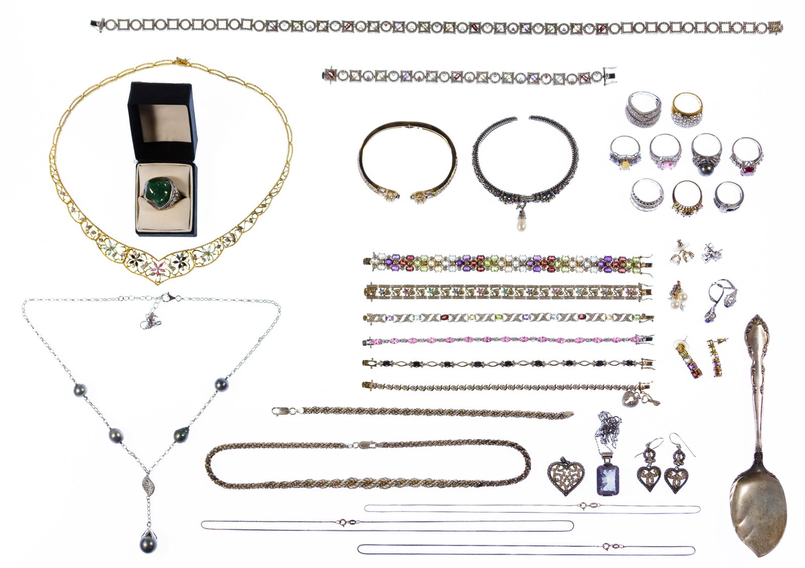 Sterling Silver Jewelry Assortment: Sterling Silver Jewelry Assortment Including necklaces, bracelets, earrings and rings; some having jadeite jade, rubies, diamonds, pearls; all marked '925' or 'sterling' Condition: Very Good, overall 