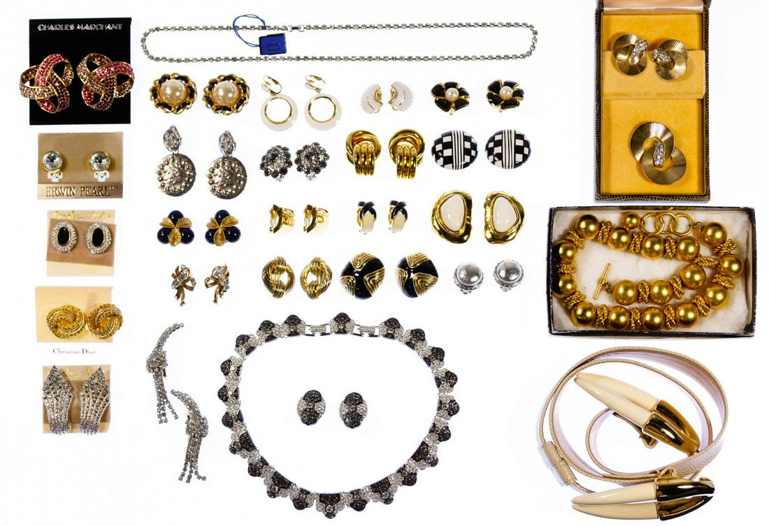 Signed Designer Jewelry Assortment: Signed Designer Jewelry Assortment Including pairs of clip earrings by Erwin Pearl, Christian Dior, Les Bernard, St John, Trifari, Oscar de la Renta, Madeleine, Carolee, Ciro, David Hill, Swarovski, n
