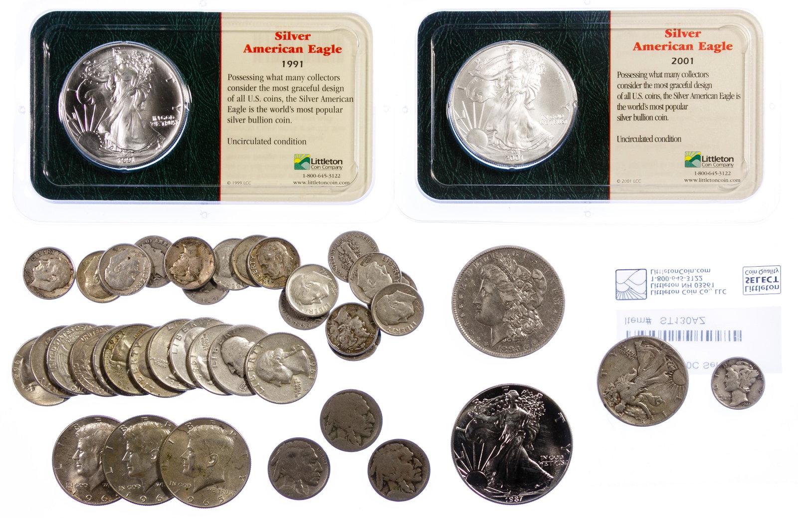 US Silver Coin Assortment: US Silver Coin Assortment Including (2) $1 Silver Eagles in Littleton holders, 1987 $1 Silver Eagle, 1883-O $1; $5.80 face value US 90% silver; $1.00 face value US 40% silver and (3) Buffalo 5c Catego