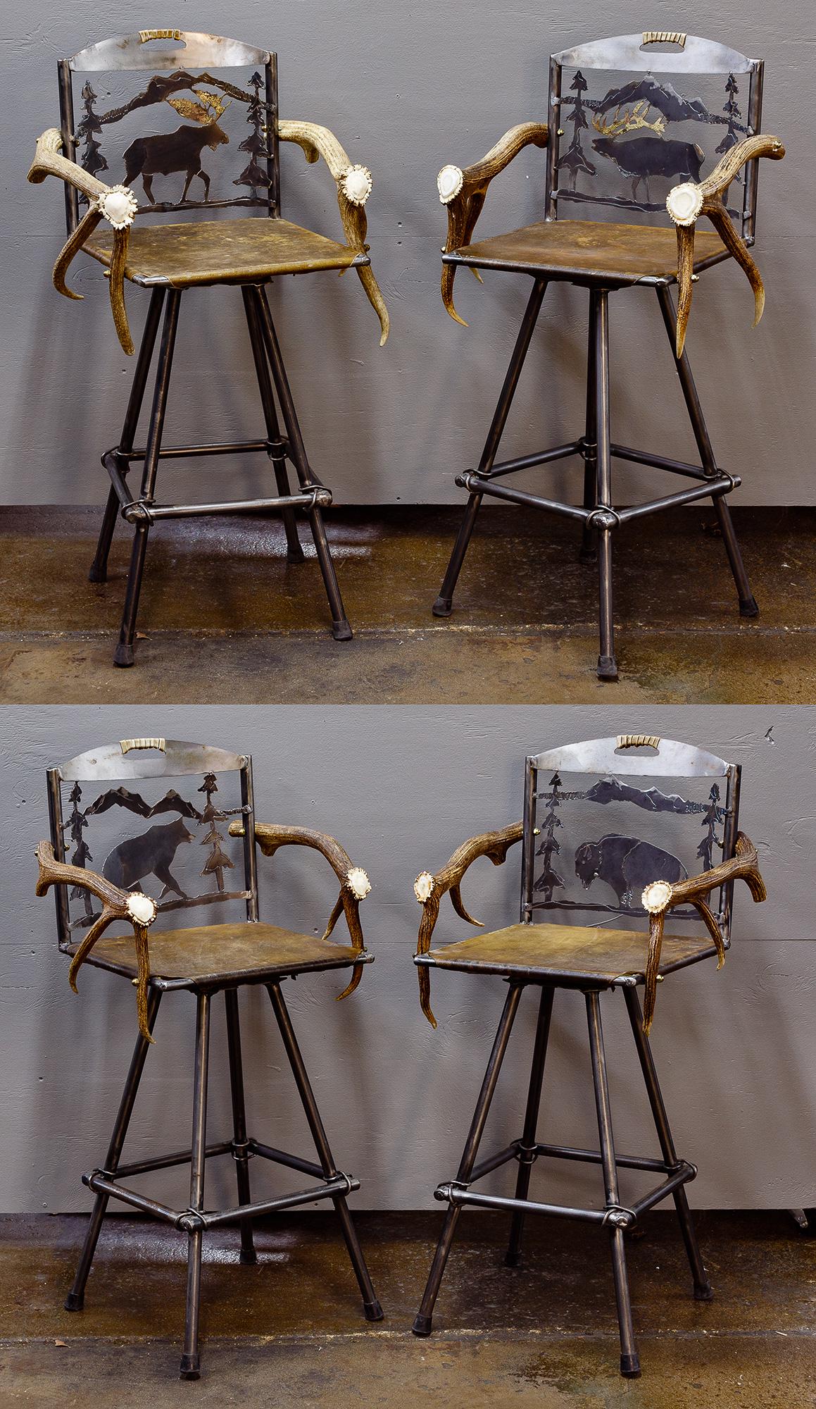 Western Style Bar Stools: Western Style Bar Stools Matched set of four having faux hide seats, faux antler arm rests and metal backrest with different animal scenes Condition: Very Good, light to moderate surface wear overall 