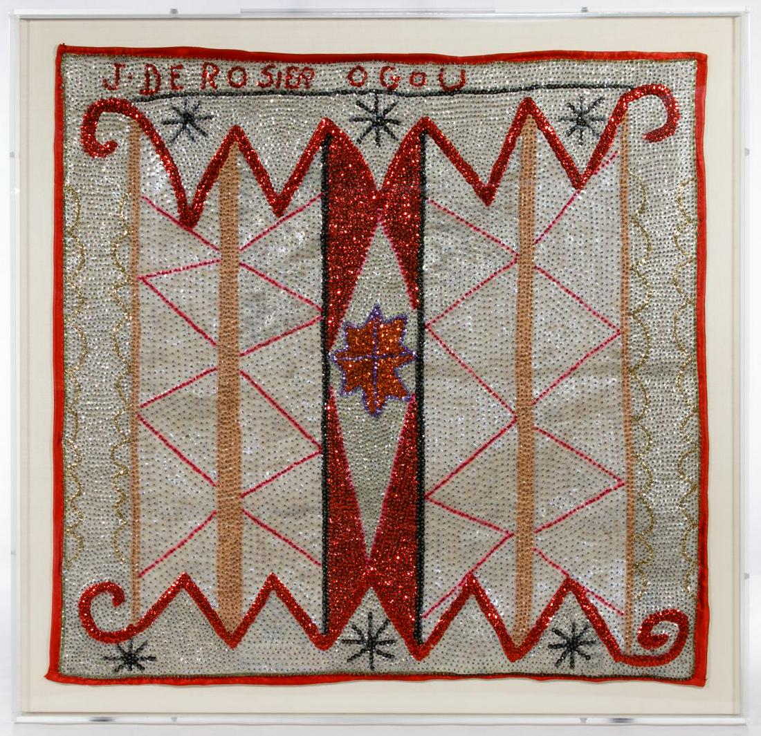 J de Rosier Ogou (Haitian, 20th Century) Sequins on: J de Rosier Ogou (Haitian, 20th Century) Sequins on Fabric Haitian voodou sequins flag, displayed in a lucite shadow box Condition: Very Good, no damage noted; not examined out of the frame Height: 27