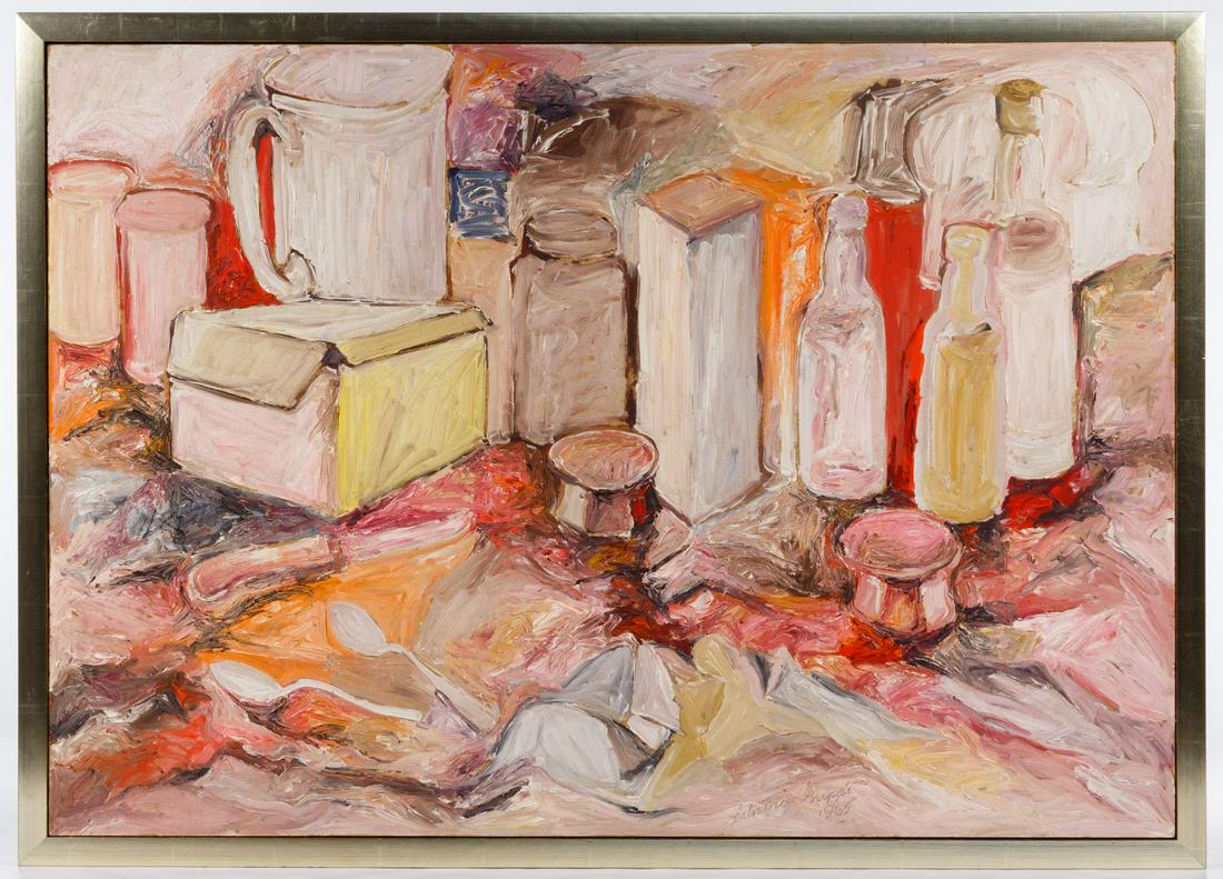 Salvatore Grippi (American, b.1921) Oil on Masonite: Salvatore Grippi (American, b.1921) Oil on Masonite 1965, signed and dated bottom middle right, impressionist style depicting jars, bottles, containers, boxes and spoons on tablecloth, pastel colors o