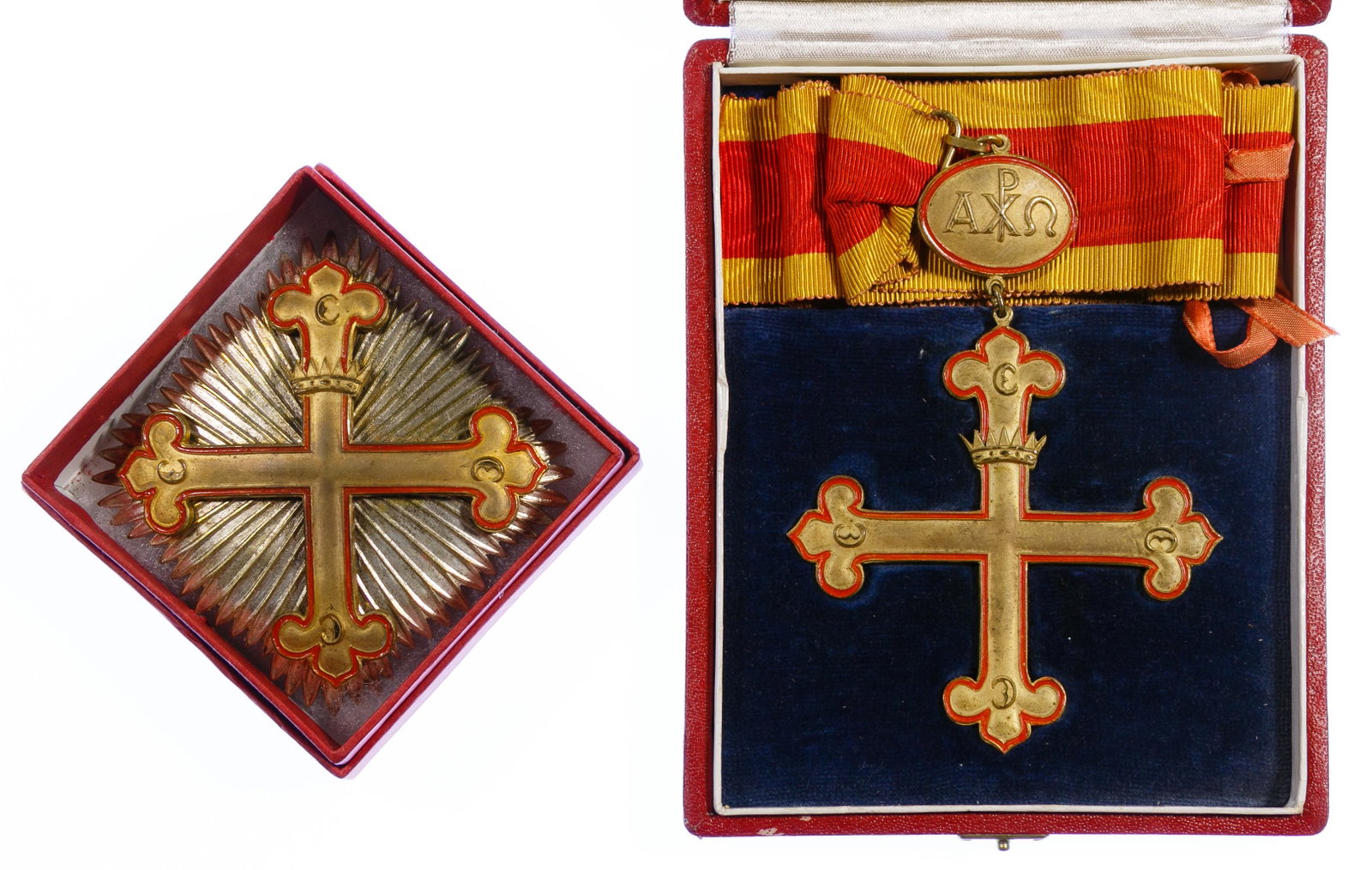 Hungarian Medals: Hungarian Medals Two items including Order of St. Stephen Cross, gilt and red enamel medal with an oval 'alpha' and 'omega link', red and gold original ribbon and box as well as an Order of the Cross 