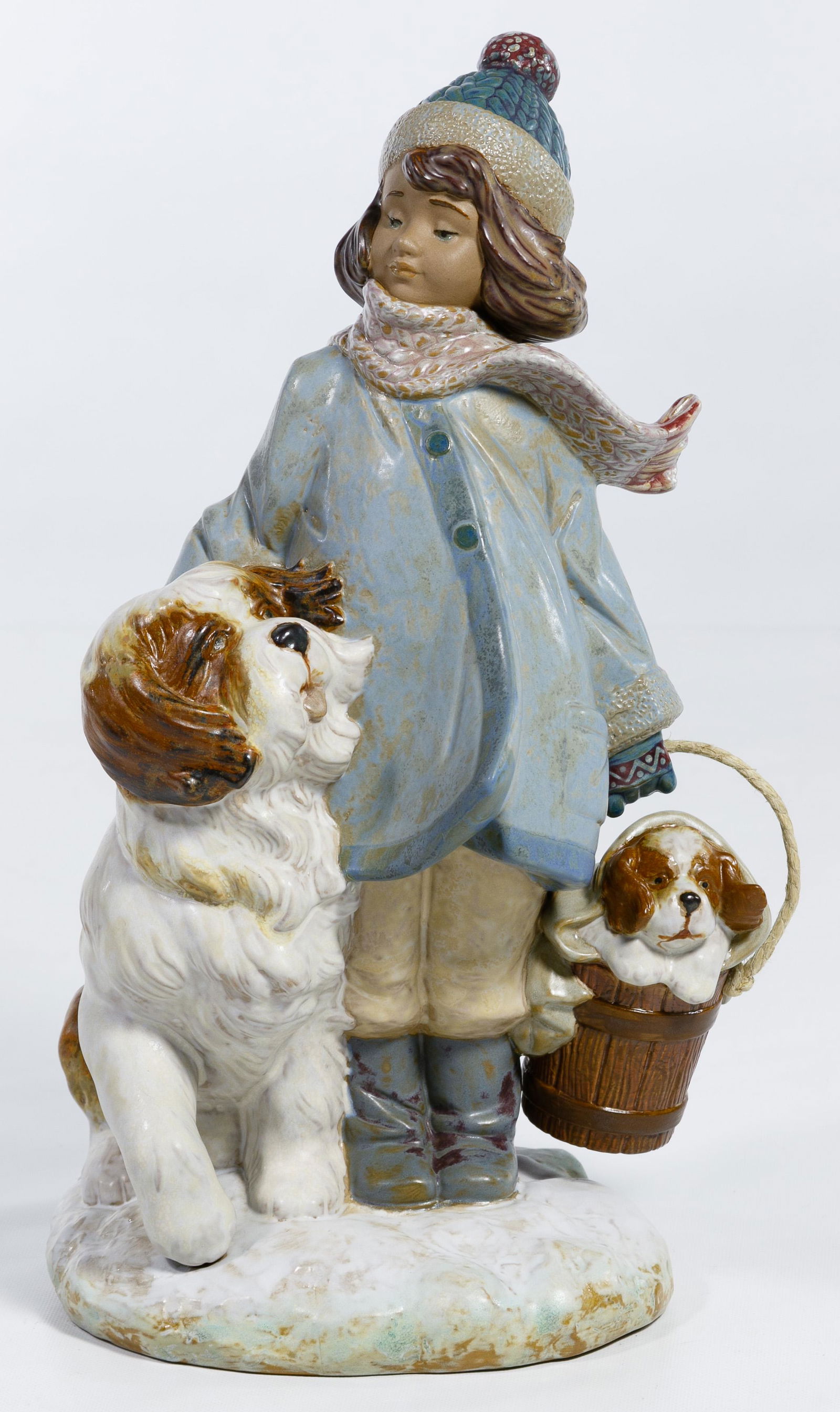 Lladro #2517 'Winter Wind' Gres Figurine: Lladro #2517 'Winter Wind' Gres Figurine Retired 2017, marked on underside, depicting a young girl with two dogs; together with original box Condition: Very Good, no chips or cracks noted; light wear