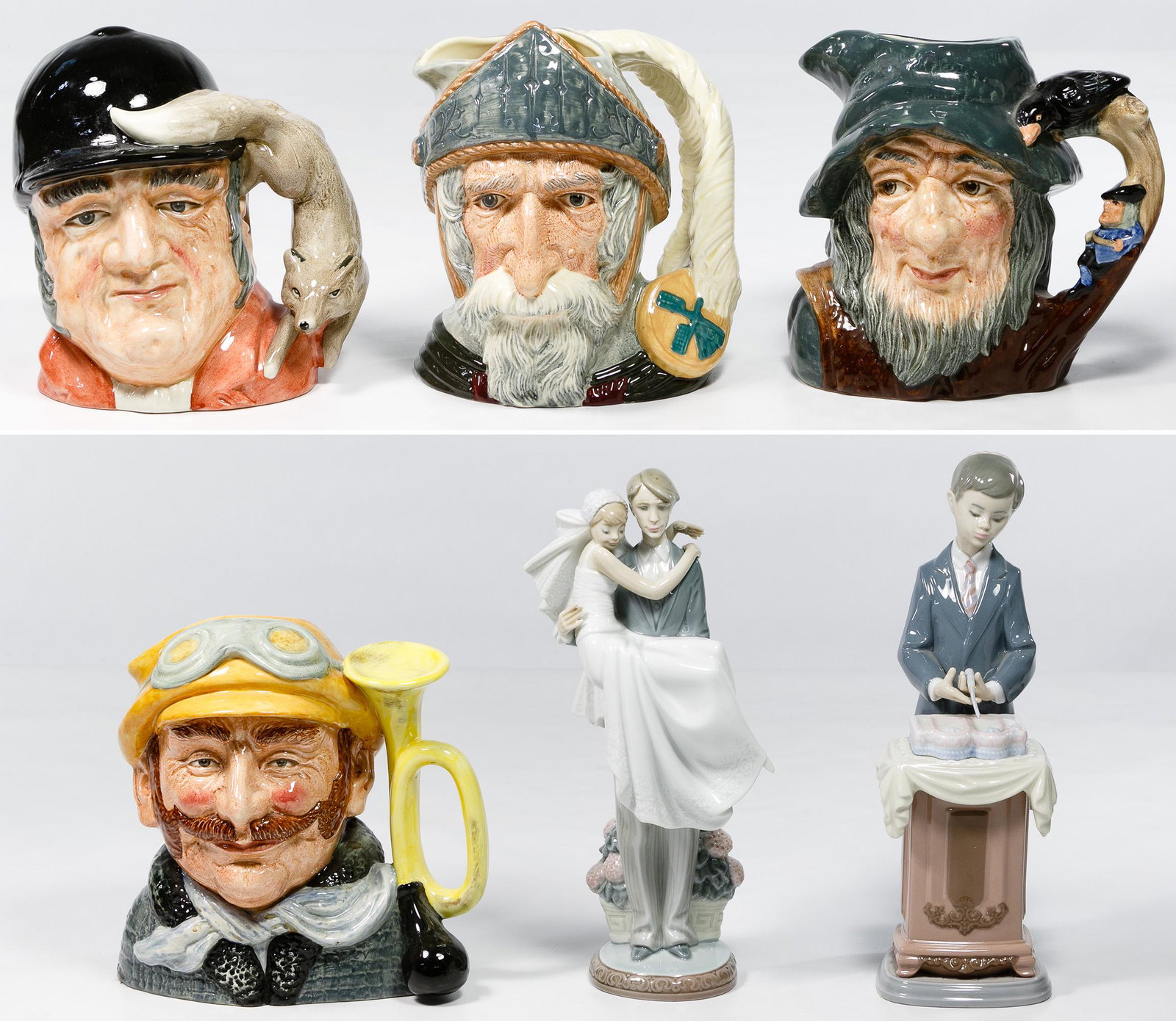 Royal Doulton and Lladro Assortment: Royal Doulton and Lladro Assortment Six items including Lladro 'Over the Threshold' #5282 and 'Coming of Age' #6172 with box; together with four large Royal Doulton toby mugs including 'Gone Away' #65