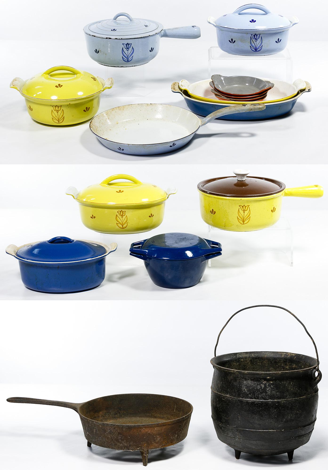 Cast Iron Pot Assortment: Cast Iron Pot Assortment Including c.1965 DRU Holland Tulip Enamelware cookware from Denmark; two older items, a three-legged kettle and a three-legged spider frying pan Condition: Very Good to Fair,