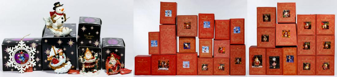 Christopher Radko Woodland Winds Ornament Collection: Christopher Radko Woodland Winds Ornament Collection Thirty-four ornaments having boxes including 'Pinecone Perch', (2) 'Frosty Leaf Santa', 'Sleeping Teddy', (2) 'Floating Leaf Santa', 'Leaf/Acorn/Sn