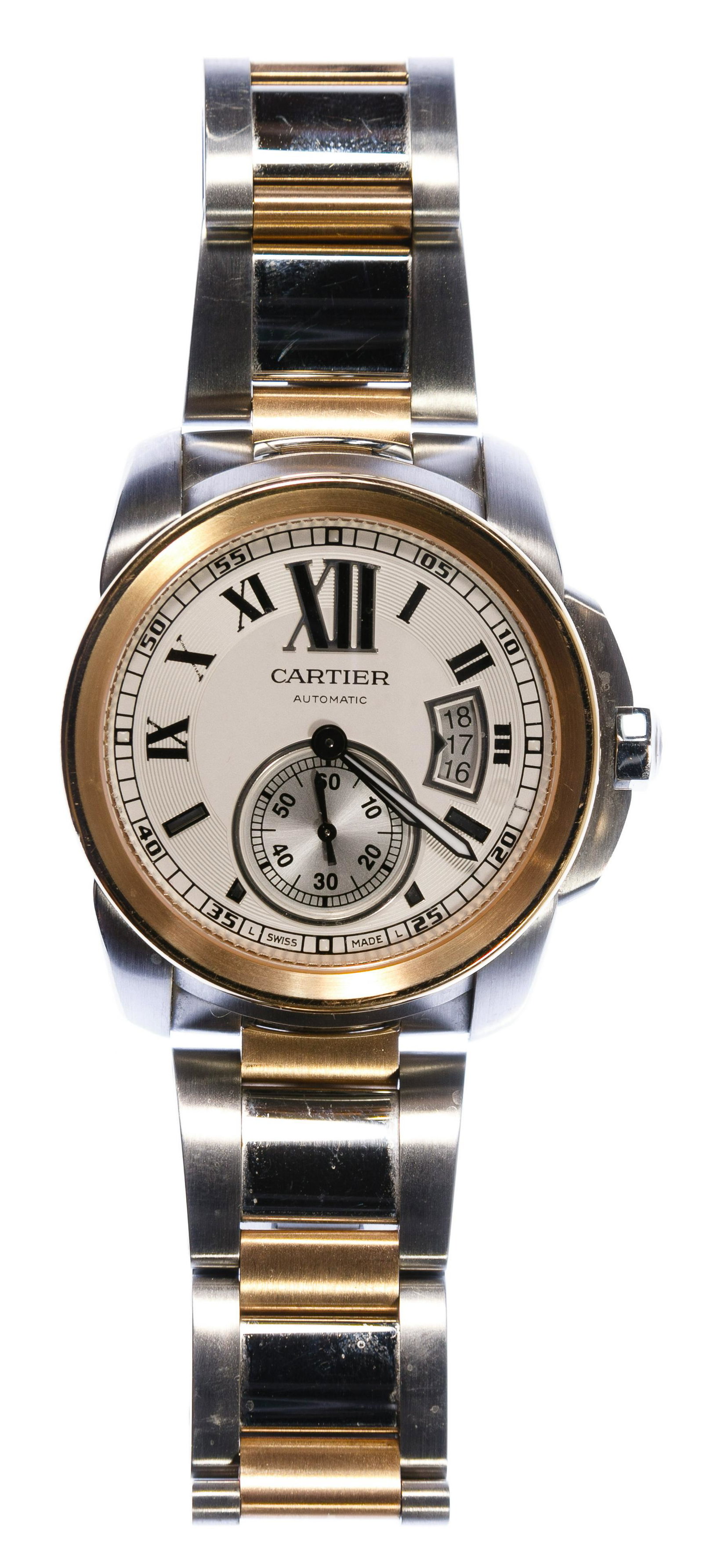 Cartier Calibre Men's Wrist Watch: Cartier Calibre Men's Wrist Watch Automatic wrist watch; #3389; serial #459626RX; Roman numeral dial with seconds and date view Condition: Very Good, light surface wear and scratches; running but accu