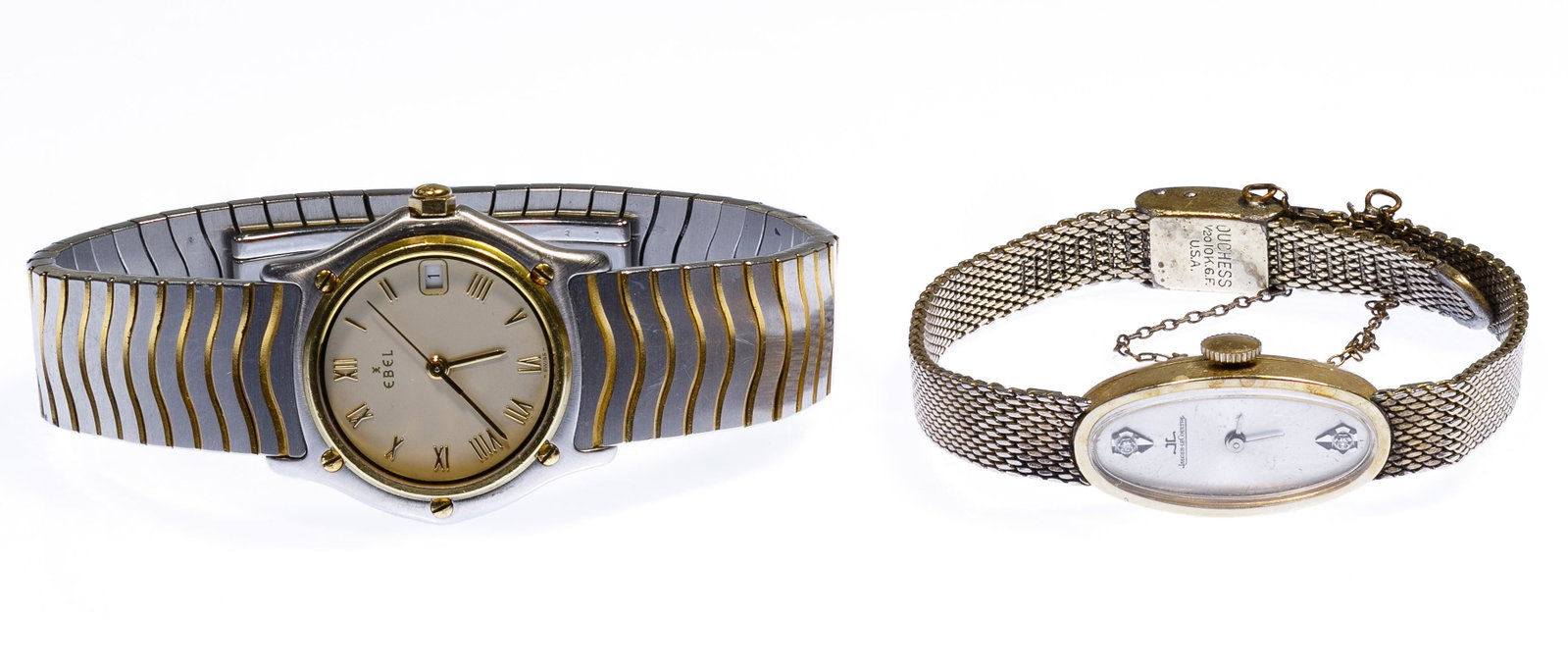 Jaeger-LeCoultre 14k Gold Case Wrist Watch: Jaeger-LeCoultre 14k Gold Case Wrist Watch Having two diamonds on the dial; marked '14k' on the case; together with an Ebel stainless steel and 18k gold bezel wrist watch Condition: Very Good to Good,