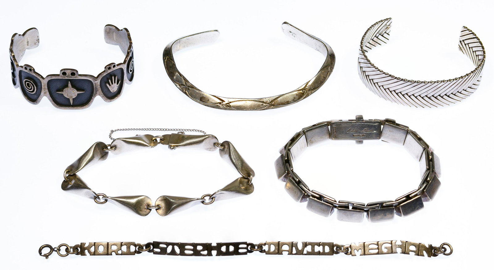 Native American Sterling Silver Bracelet Assortment: Native American Sterling Silver Bracelet Assortment Six bracelets including three cuff with two signed by BJ and Fiesh and three link signed by Zina, Duskow and Ashku-xxxxx (Navajo); all marked 'sterl