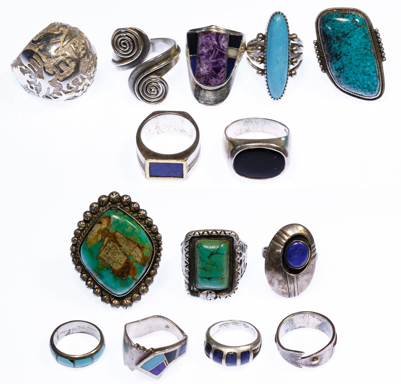 Native American Silver Ring Assortment: Native American Silver Ring Assortment Forteen rings including some signed by various Native American silversmiths such as ANC (Zuni), Carlton, Ben Nighthorse and H Morg; some marked 'sterling' or '92