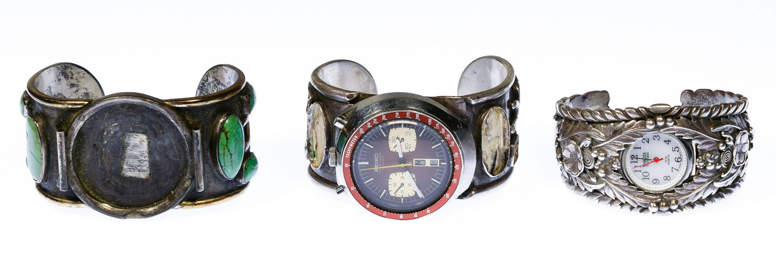 Native American Sterling Silver Wrist Watch Bands: Native American Sterling Silver Wrist Watch Bands Three bands signed by M inside a star, Theo and D Robert Smith; two having attached watches by Seiko Chronograph Automatic and Dakota Southpaw; band w