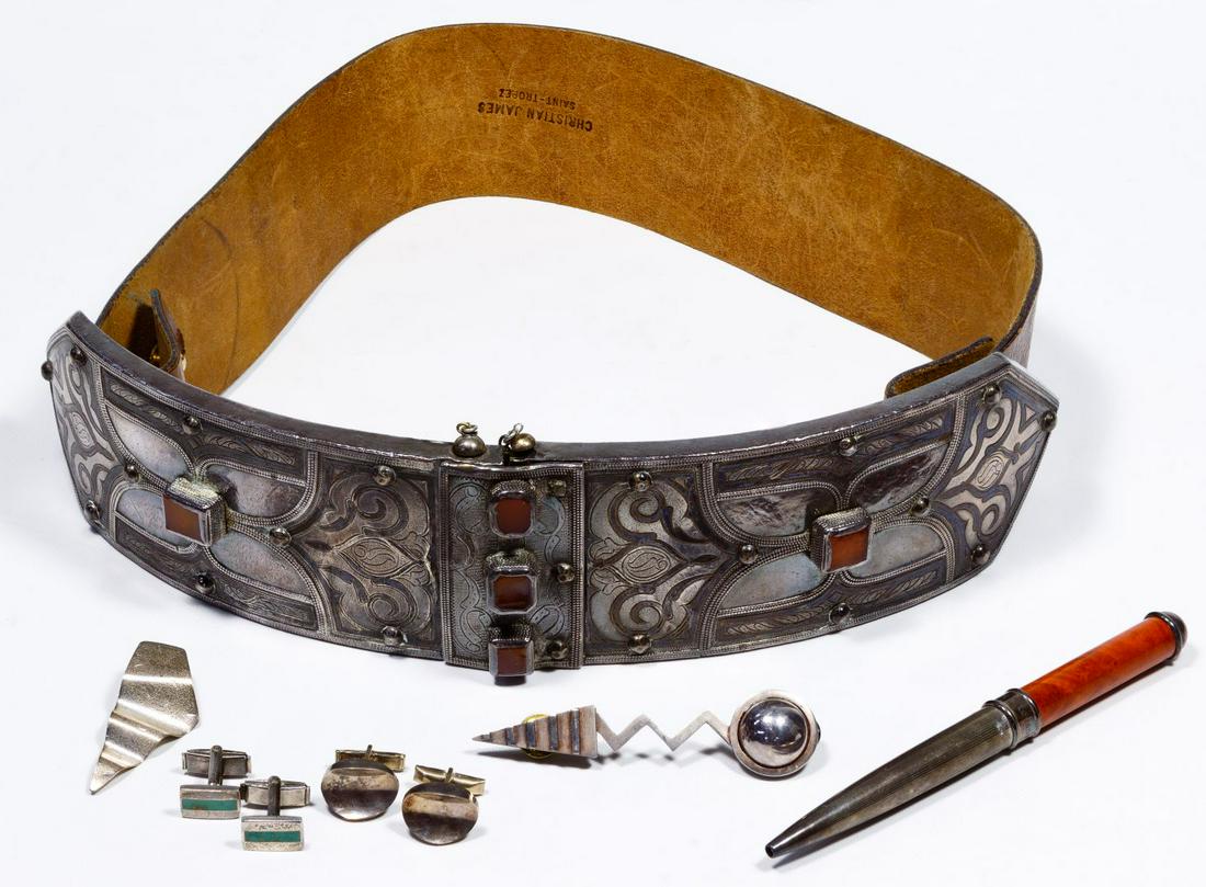 Russian Islamic Caucasian Silver Belt Buckle: Russian Islamic Caucasian Silver Belt Buckle Having five bezel set brown stones, scroll decoration, brass mechanics and leather belt marked Christan James San-Tropez; together with two pair of cuff li