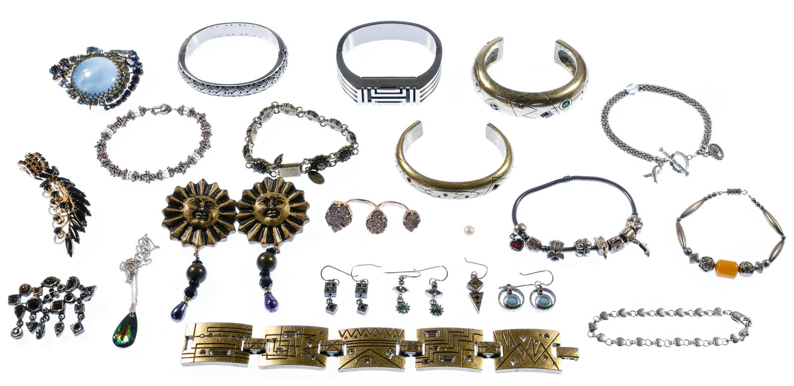 Signed Designer and Sterling Silver Jewelry Assortment: Signed Designer and Sterling Silver Jewelry Assortment Including bracelets, pins, earrings; some signed by Patricia Locke, Hattie Carnegie, Pandora; some marked '925', some having various stones Condi