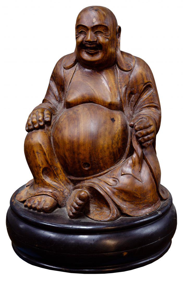 Asian Carved Wood Laughing Buddha: Asian Carved Wood Laughing Buddha Laughing Buddha sitting on a round cushion Condition: Good, overall moderate wear, age cracks to wood, most notably to right foot and top of head Height: 30.00 inches