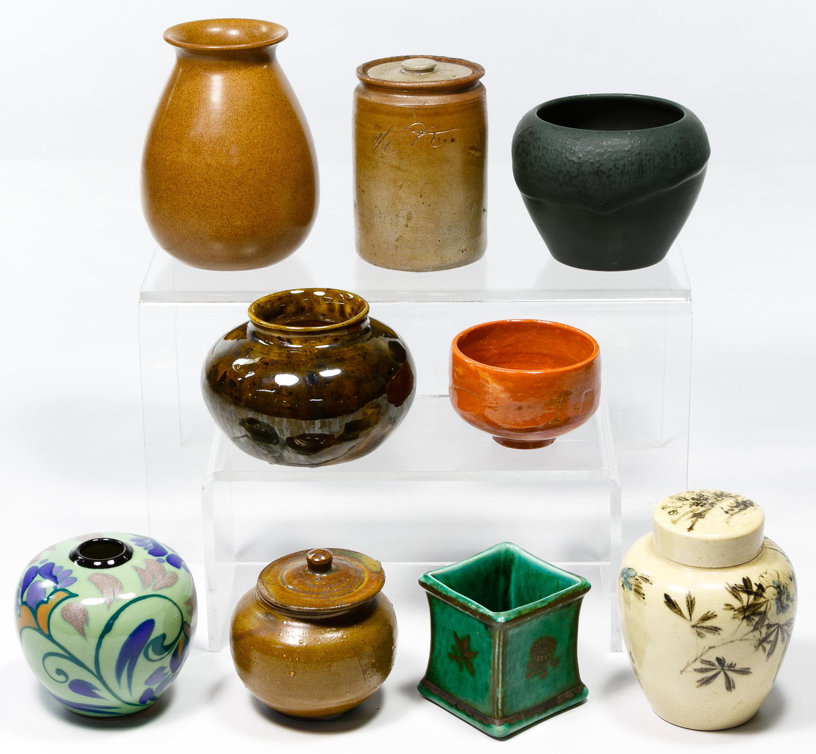 Asian Ceramic Jar and Vase Assortment: Asian Ceramic Jar and Vase Assortment Nine items including bowls, vases, covered jars, some earthenware with rough glaze, three hand painted designs, some having marks or signatures Condition: Very Go