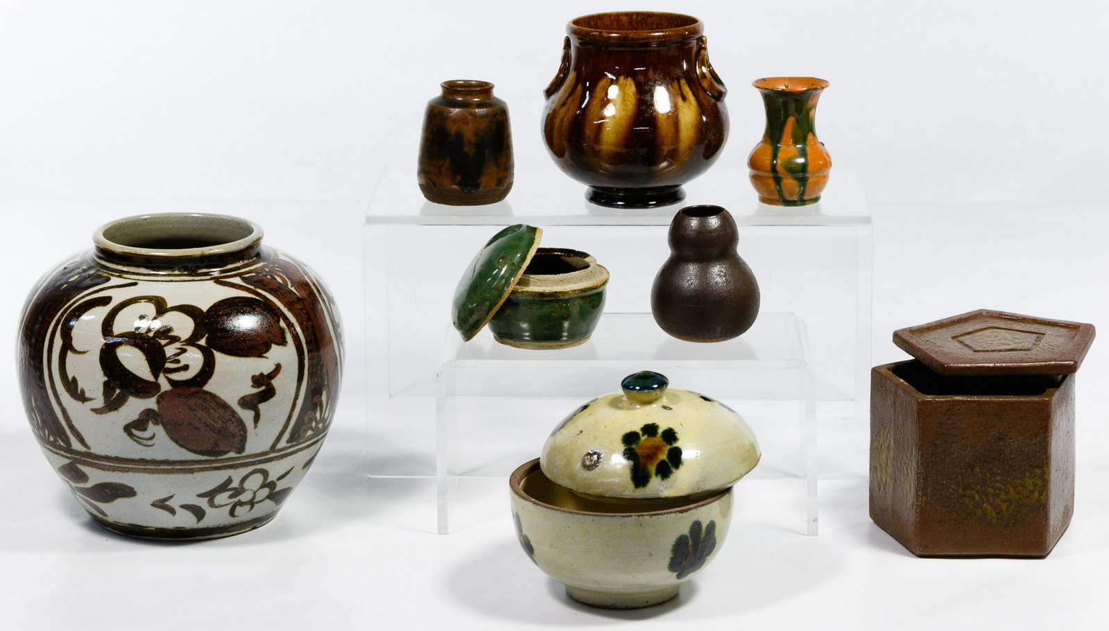 Asian Vase and Jar Assortment: Asian Vase and Jar Assortment Eight items including a Korean iron and brown vase, three lidded dishes, three small vases as well as a brown vase, some marked Condition: Very Good to Good, light wear, 