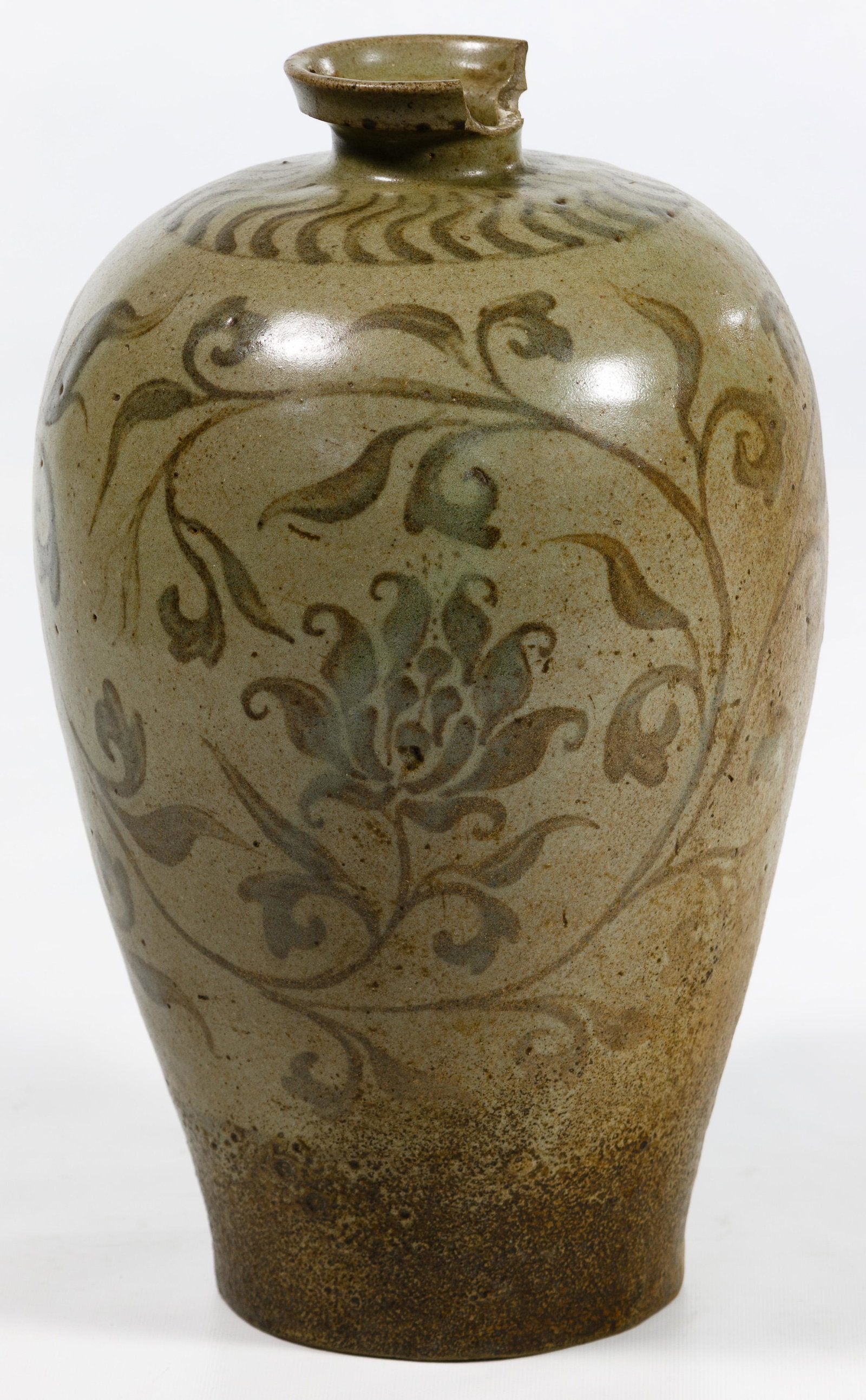 Korean Goryeo Maebyeong Plum Vase: Korean Goryeo Maebyeong Plum Vase Celadon glazed over iron oxide painted floral decoration on the body, having an 'S' scroll band on the shoulder Condition: Very Good, large chip to the lip; no other 