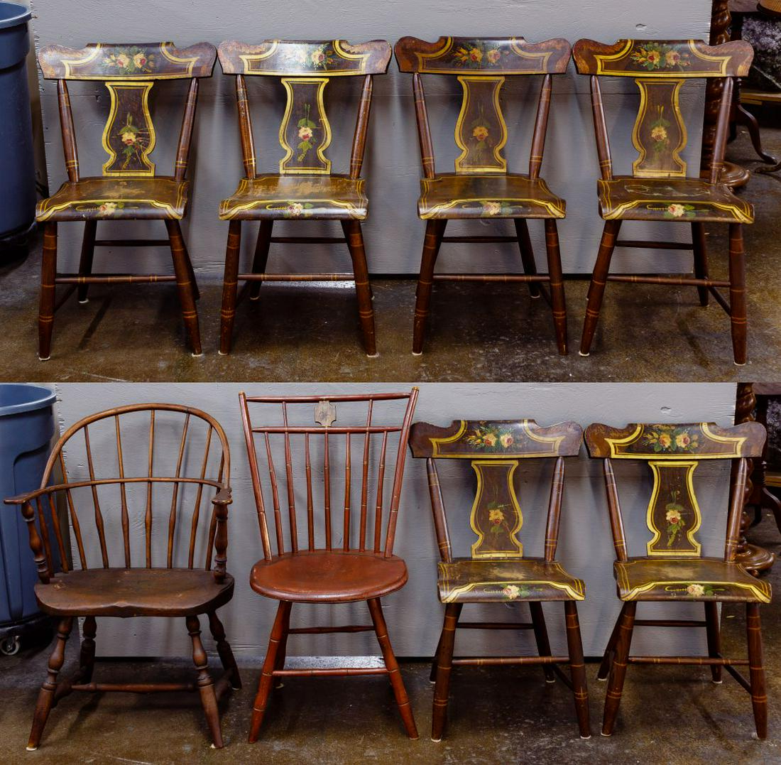 Windsor and Hitchcock Chair Assortment: Windsor and Hitchcock Chair Assortment Eight chairs including a set of six late Federal Hitchcock style side chairs having grain painting and floral motifs; a birdcage Windsor side chair in old red pa