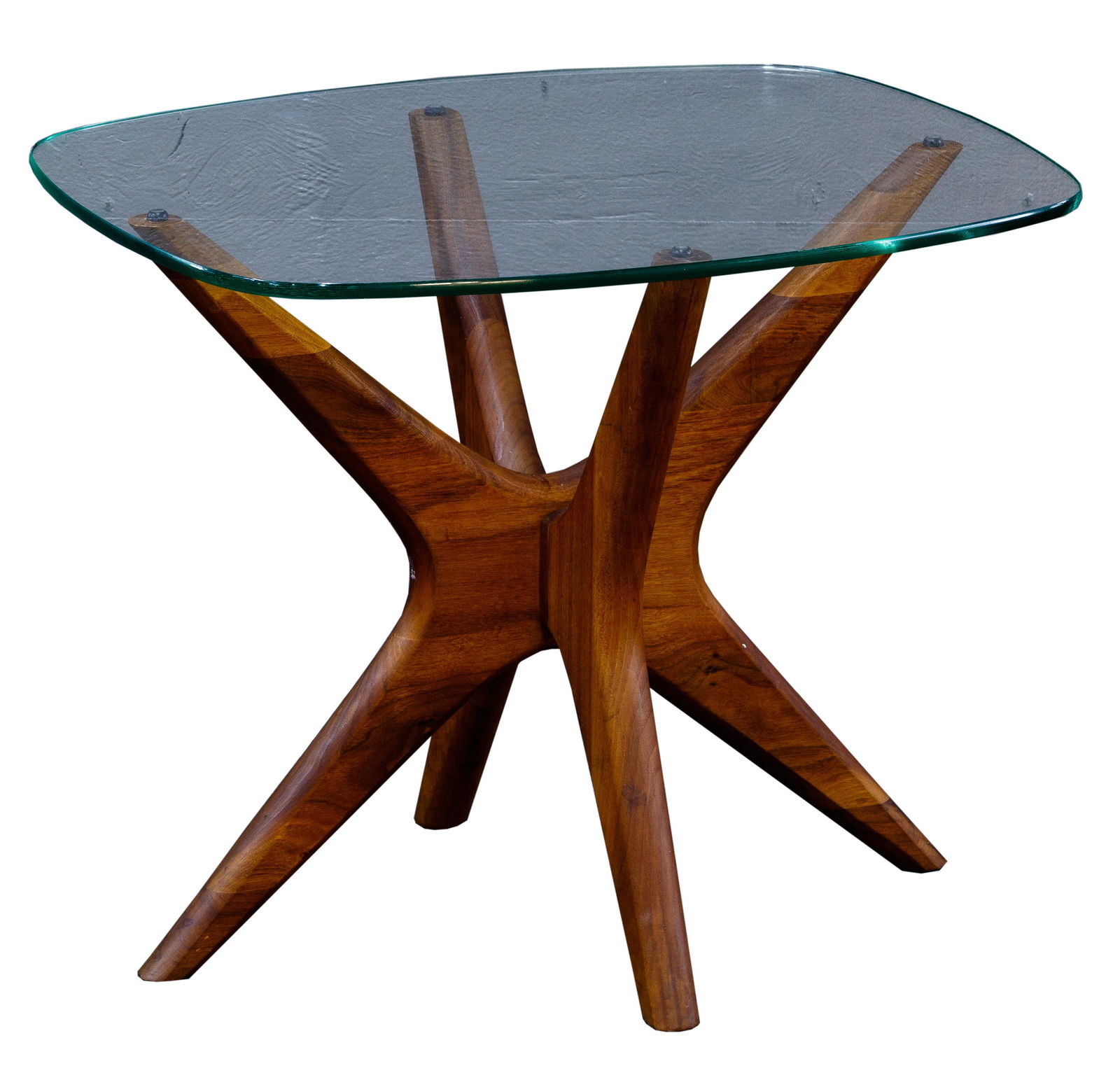 Adrian Pearsall Style Glass-top Side Table: Adrian Pearsall Style Glass-top Side Table Having a wood base in the style of Pearsall's 'jacks' design and a rounded rectangular glass top, unsigned Condition: Very Good, overall light wear consisten