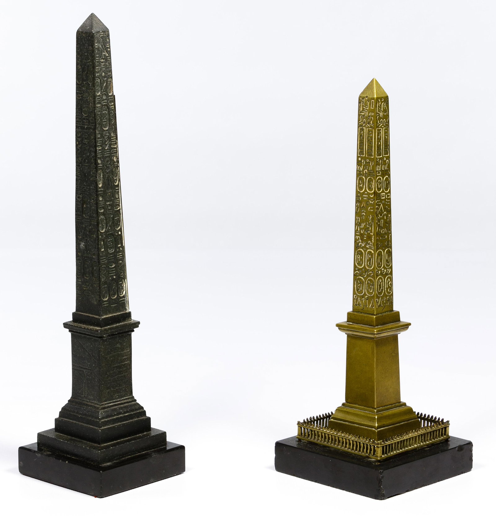 Obelisk Collection: Obelisk Collection French ornate obelisk neoclassical signed Reaumur thermometer, original antique patina, some color loss, coppered metal, marble base, together with a model or the french Luxor obeli