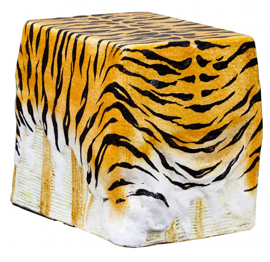 Italian Ceramic Tiger Stool: Italian Ceramic Tiger Stool An Italian majolica style occasional table / garden seat in glazed terracotta having a tiger motif, stamped 'made in Italy' with a maker's mark on the underside Condition: 