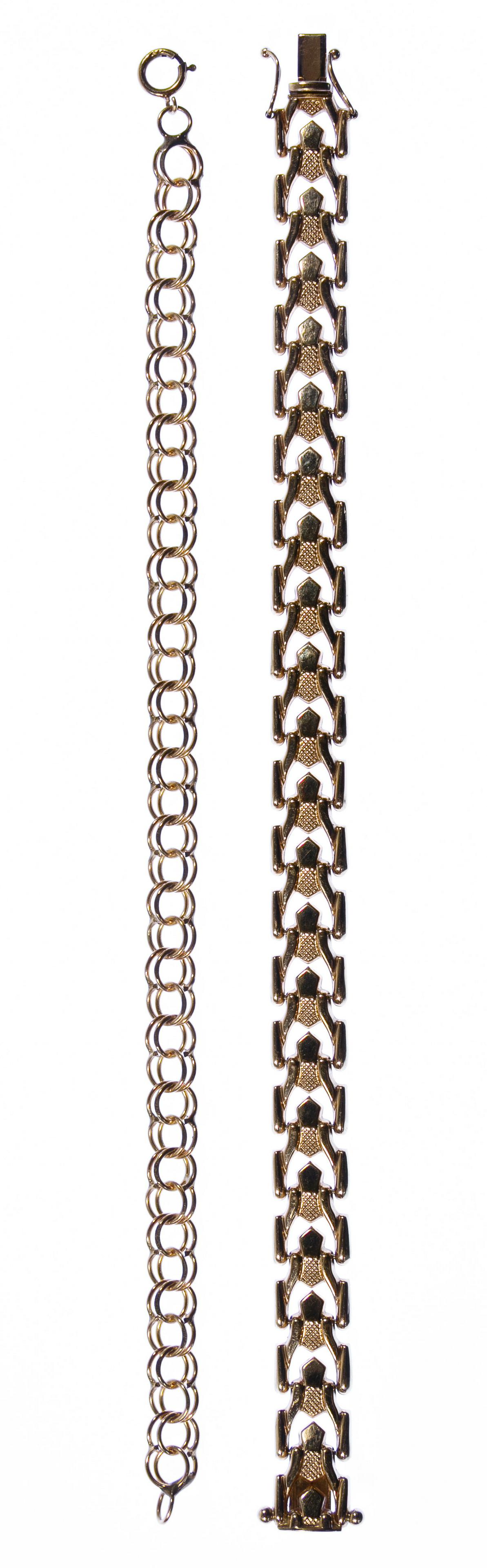 14k Gold Link Bracelets: 14k Gold Link Bracelets Including two bracelets; both marked '14k' on / near clasp Condition: Very Good, overall light wear Length: 7.25 inches (both) Weight: 14.02 dwts. (total weight) Category: Fine