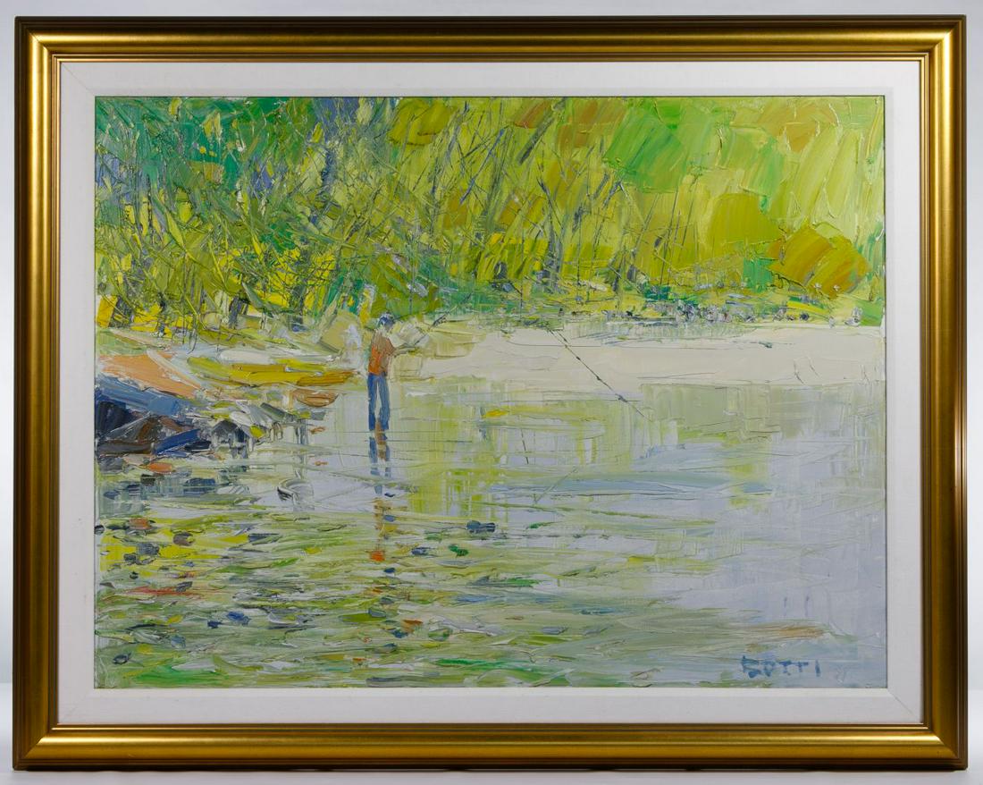 Italo Botti (American, 1923-2003) Oil on Canvas: Italo Botti (American, 1923-2003) Oil on Canvas Undated, signed lower right, depicting a person fishing, surrounded by tall grasses Condition: Good, light wear paint chip right of center near bottom a