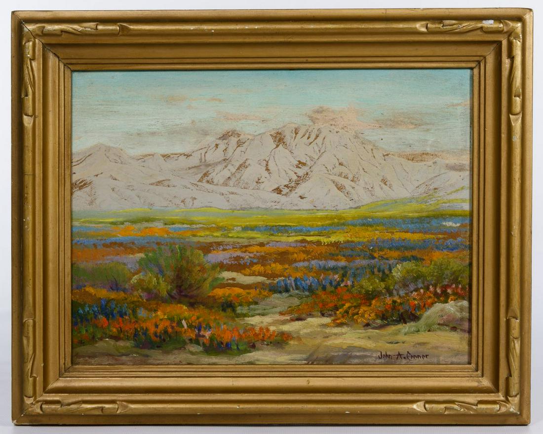 John Anthony Conner (American, 1892-1971) Oil on Board: John Anthony Conner (American, 1892-1971) Oil on Board Undated, signed lower right, depicting mountains with flora and fauna in foreground and having a painted gold wood frame Condition: Very Good, li