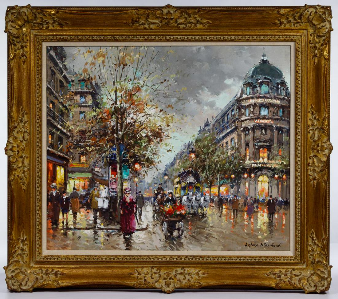 Antoine Blanchard (European, 1910-1988) 'Theatre du: Antoine Blanchard (European, 1910-1988) 'Theatre du Vaudeville' Oil on Canvas Undated, signed lower right, depicting a colorful Paris street scene, in the Antoine Blanchard Virtual Checklist #VAUBC182