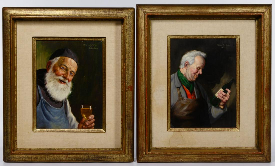 Fritz Muller (German, 1913-1972) Oil on Masonite: Fritz Muller (German, 1913-1972) Oil on Masonite Two undated paintings, signed upper right, one a portrait of a bearded man with a glass, the other a man with a wine bottle; matching frames of red gol