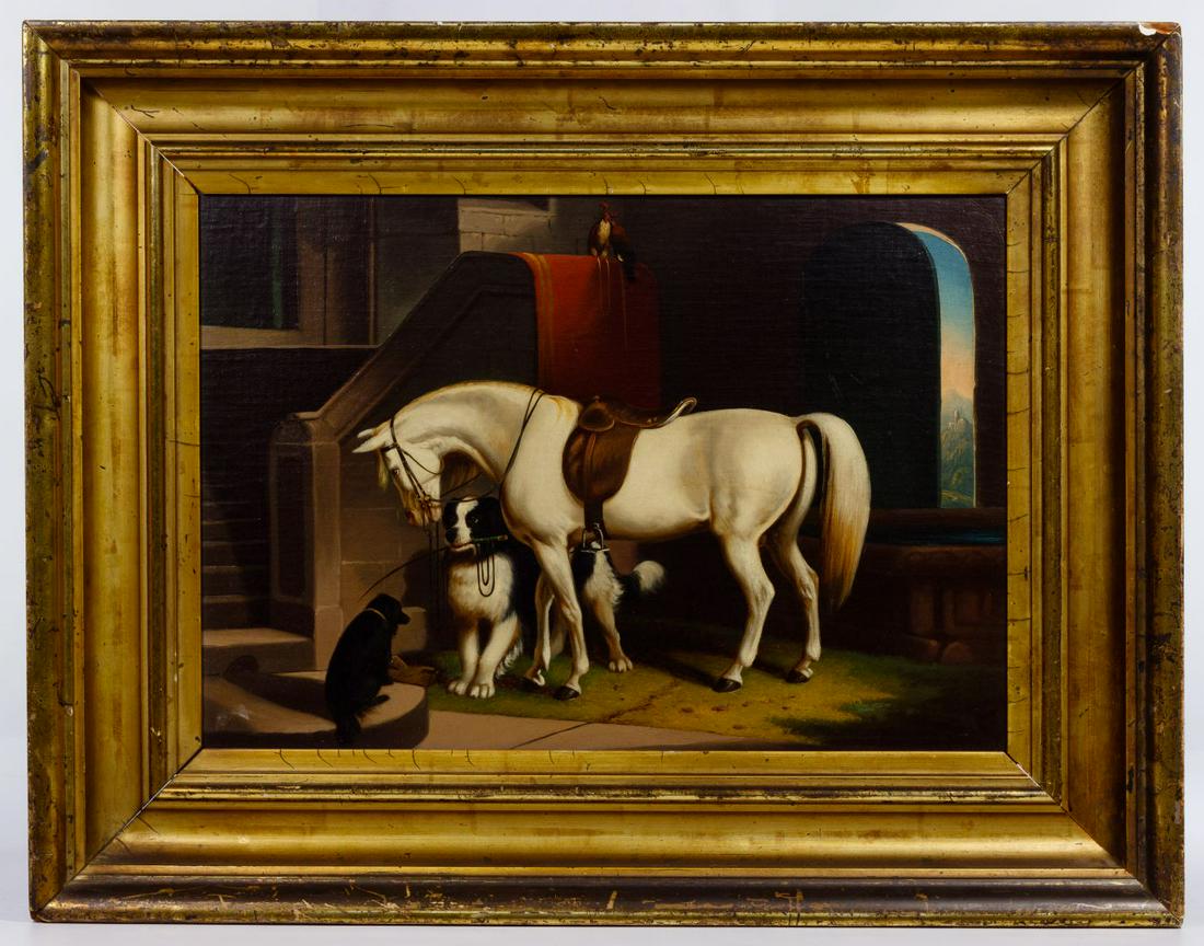 Unknown Artist (European School, 19th Century) Oil on: Unknown Artist (European School, 19th Century) Oil on Canvas Undated, unsigned, realistic image of a horse, dogs and falcons ready for the hunt, in original wide gold frame Condition: Very Good, small