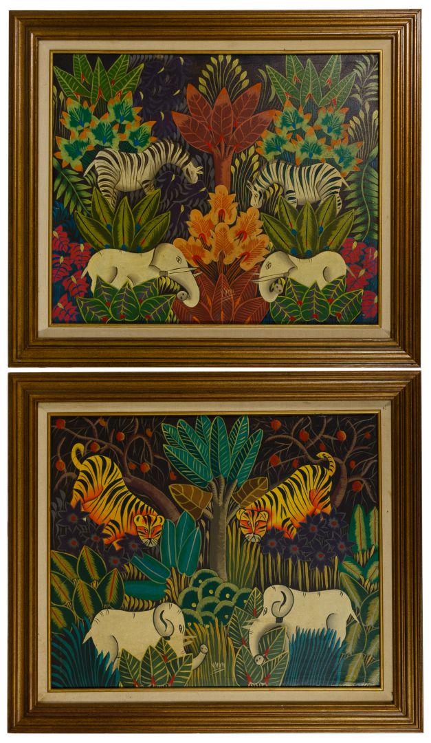 Yvon (Haitian, 20th Century) Oil on Canvas: Yvon (Haitian, 20th Century) Oil on Canvas Two paintings, both undated, signed 'Yvon' lower center, depictions of tigers, zebras and elephants in jungle settings rendered in a naive style; uniformly f